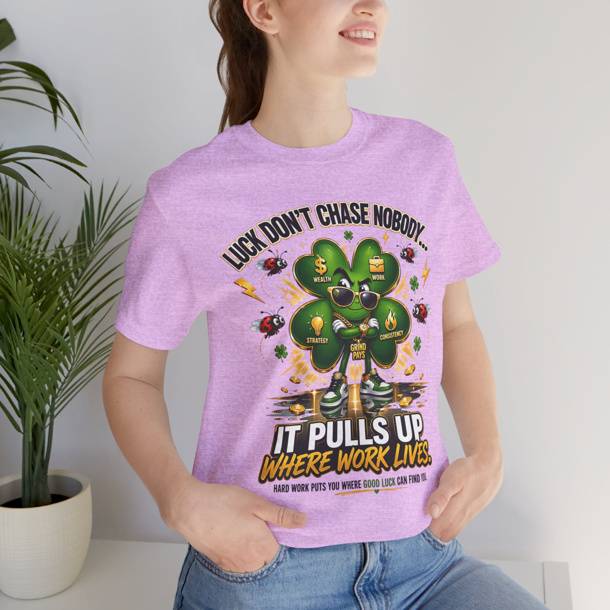 TimeWarp Drip Bold streetwear queen rocks a black Printify tee—“Luck Don’t Chase Nobody” print, neon clover, and major drip vibes. streetwear apparel
