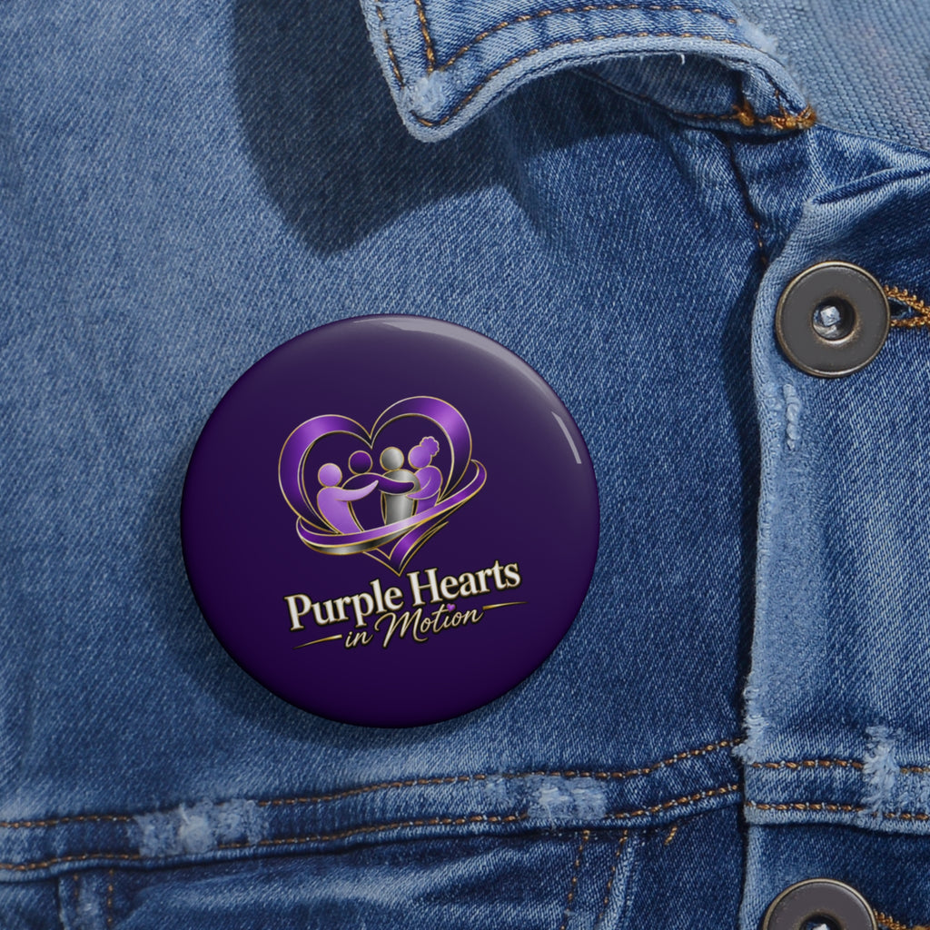 TimeWarp Drip Purple Hearts In Motion pin bold in purple on a fresh blue denim jacket—fundraiser drip, streetwise style!. 