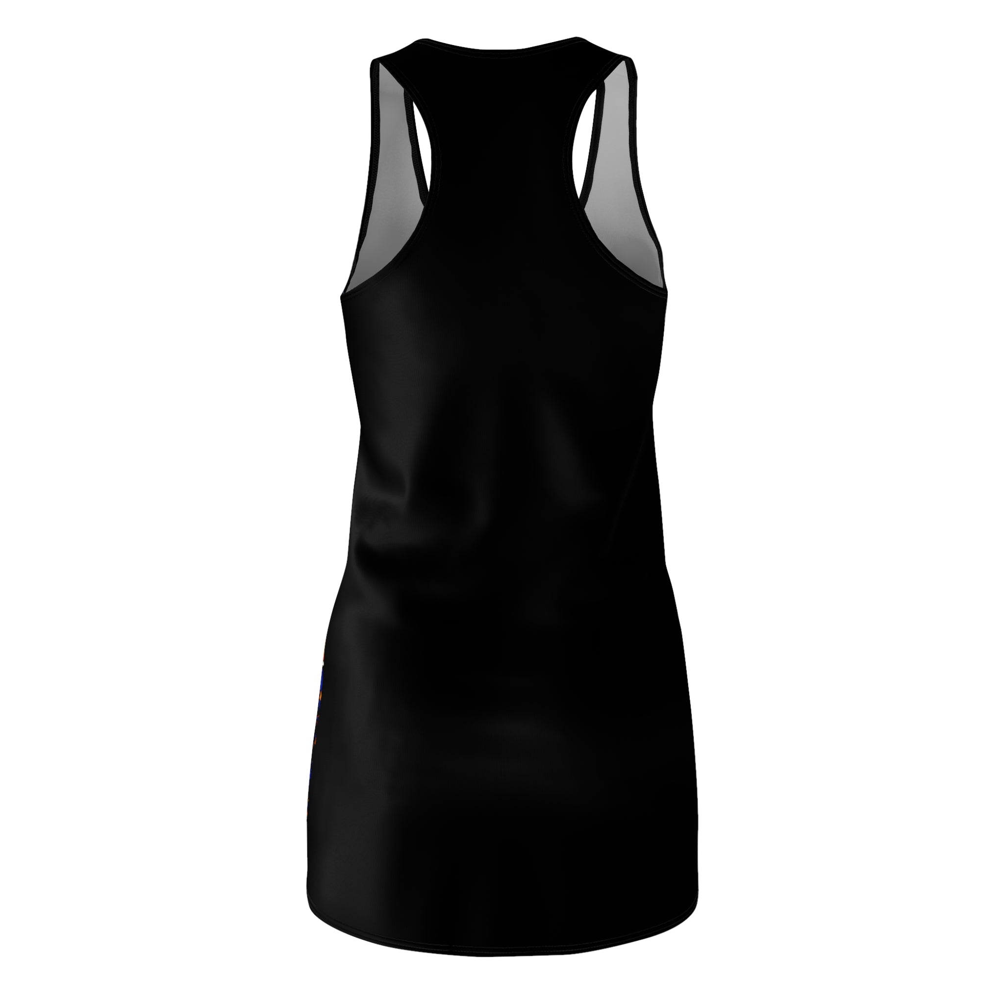 Black racerback dress with "Straight Outta NYC Big Apple Attitude" all-over print, stylish and comfortable for casual wear