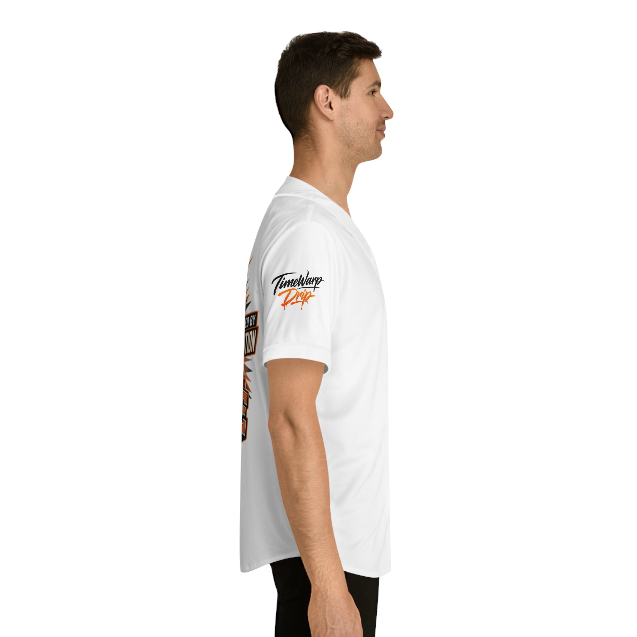 TimeWarp Drip Side profile: man rocking white Baltimore Charm City Built baseball jersey. Urban street drip, crisp white backdrop. 