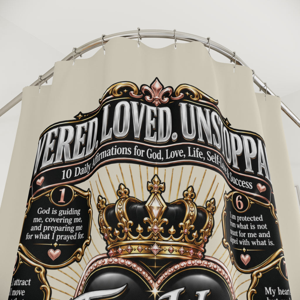 TimeWarp Drip Printify shower curtain drips with streetwise gold, black, and pink. "Covered. Loved. Unstoppable." Big, bold affirmation vibes!. streetwear apparel