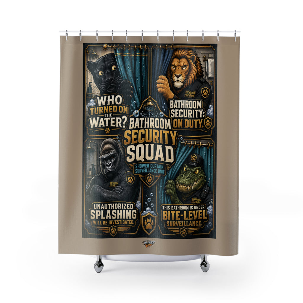 TimeWarp Drip – Beige shower curtain with bold animal guardian art, playful surveillance vibe—urban edge for elevated street-inspired bathrooms. | premium streetwear