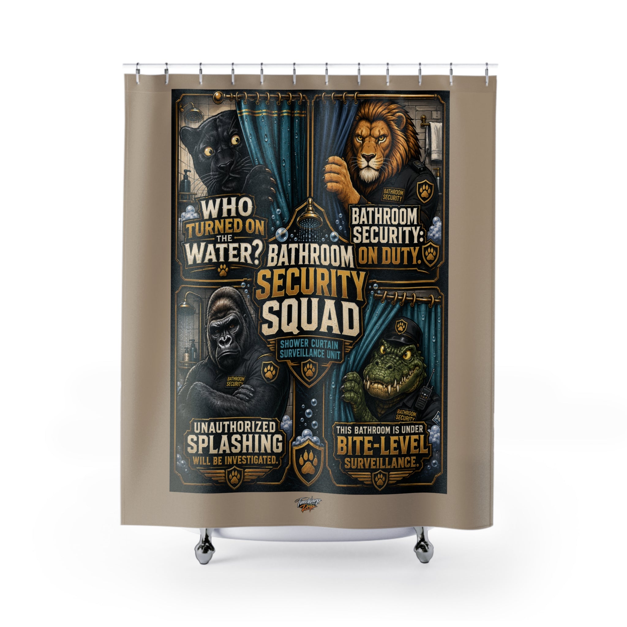 TimeWarp Drip – Beige shower curtain with bold animal guardian art, playful surveillance vibe—urban edge for elevated street-inspired bathrooms. | premium streetwear