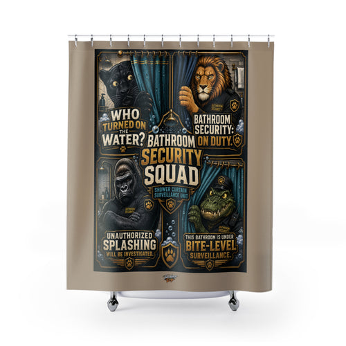 TimeWarp Drip – Beige shower curtain with bold animal guardian art, playful surveillance vibe—urban edge for elevated street-inspired bathrooms. | premium streetwear