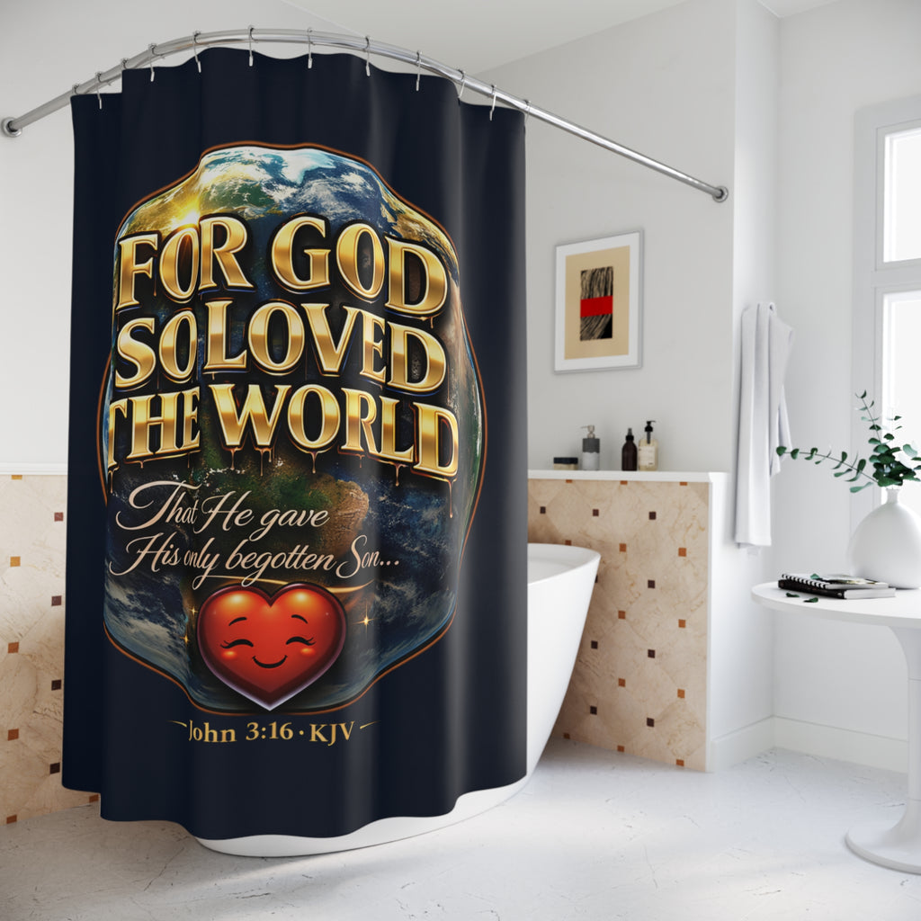 TimeWarp Drip Printify navy blue shower curtain drips with John 3:16—bold Christian streetwear vibes, “For God So Loved The World” pops!. streetwear apparel