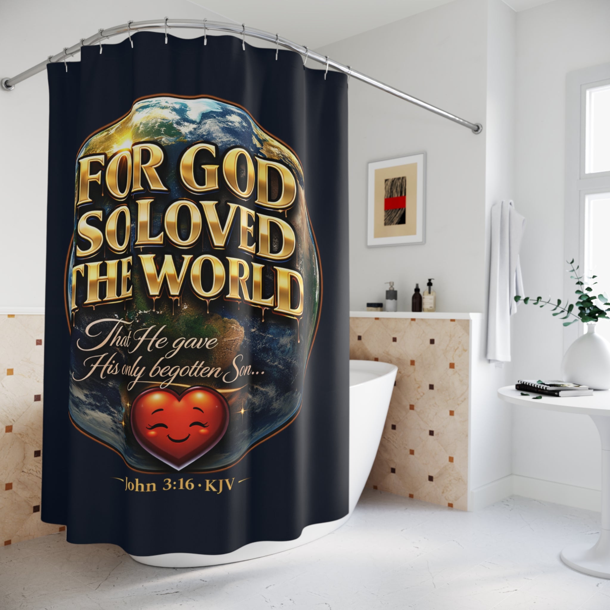 TimeWarp Drip Printify navy blue shower curtain drips with John 3:16—bold Christian streetwear vibes, “For God So Loved The World” pops!. streetwear apparel