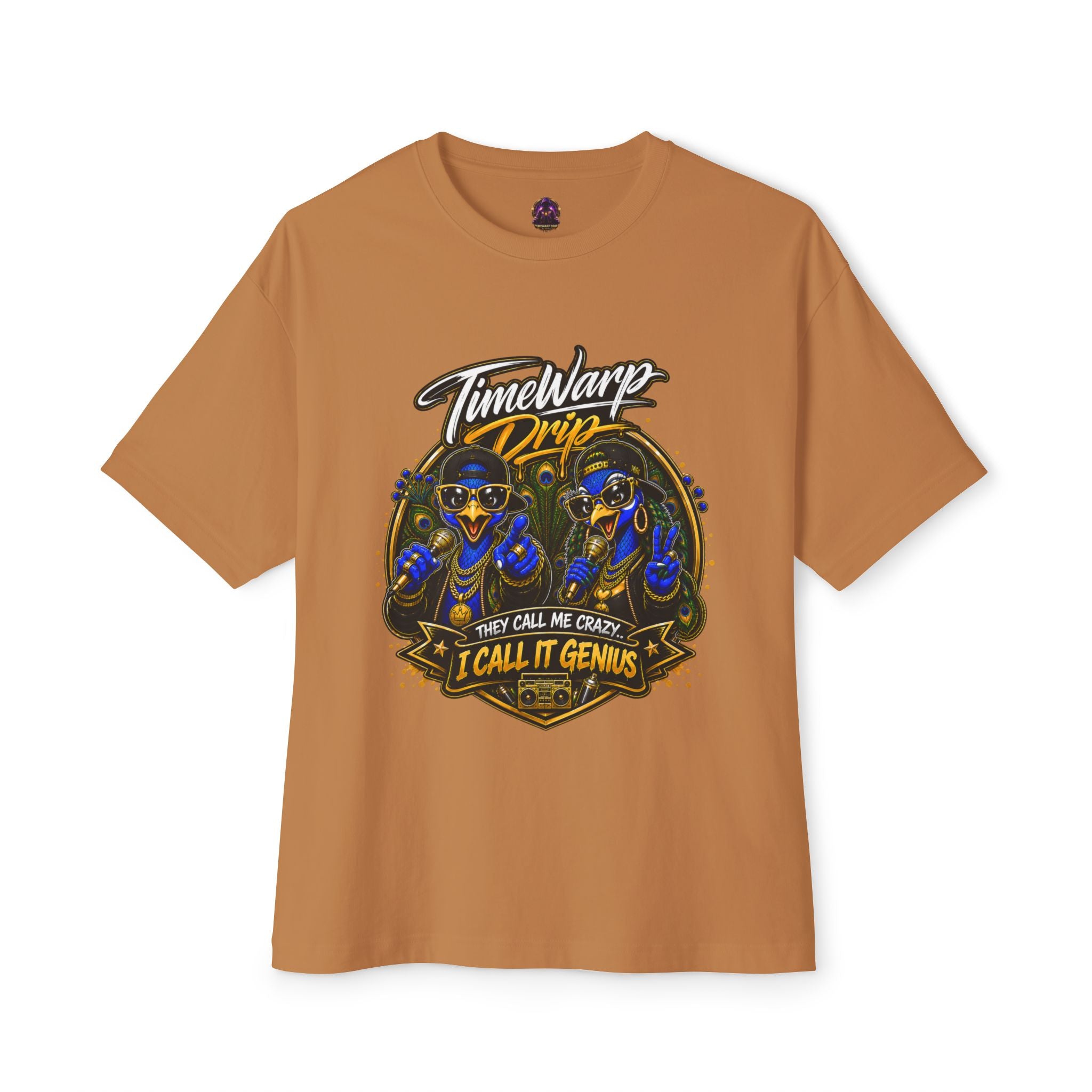 TimeWarp Drip – Oversized white hip-hop tee, bold boxy fit, dual peacock street art, "They Call Me Crazy I Call It Genius" statement. | premium streetwear