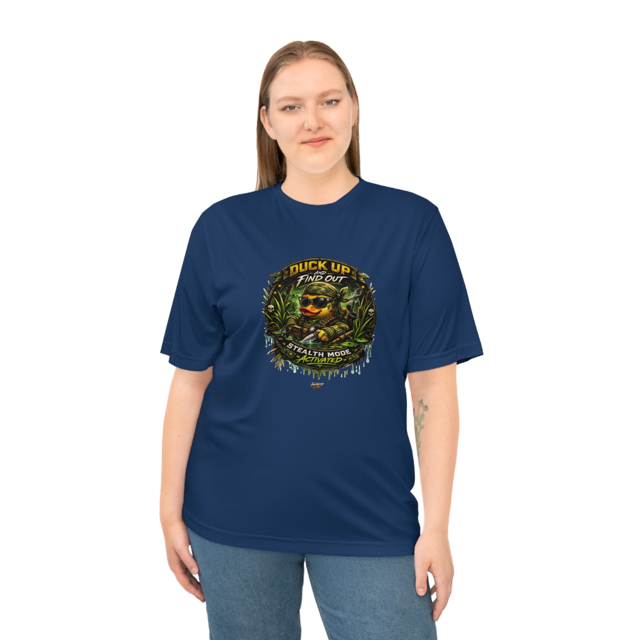 TimeWarp Drip Duck Up Find Out Women’s Hunting Tee—vintage camo streetwear, bold graphic, XS-2XL drip. Statement camo t-shirt by TimeWarp Drip . Premium Urban Fashionapparel