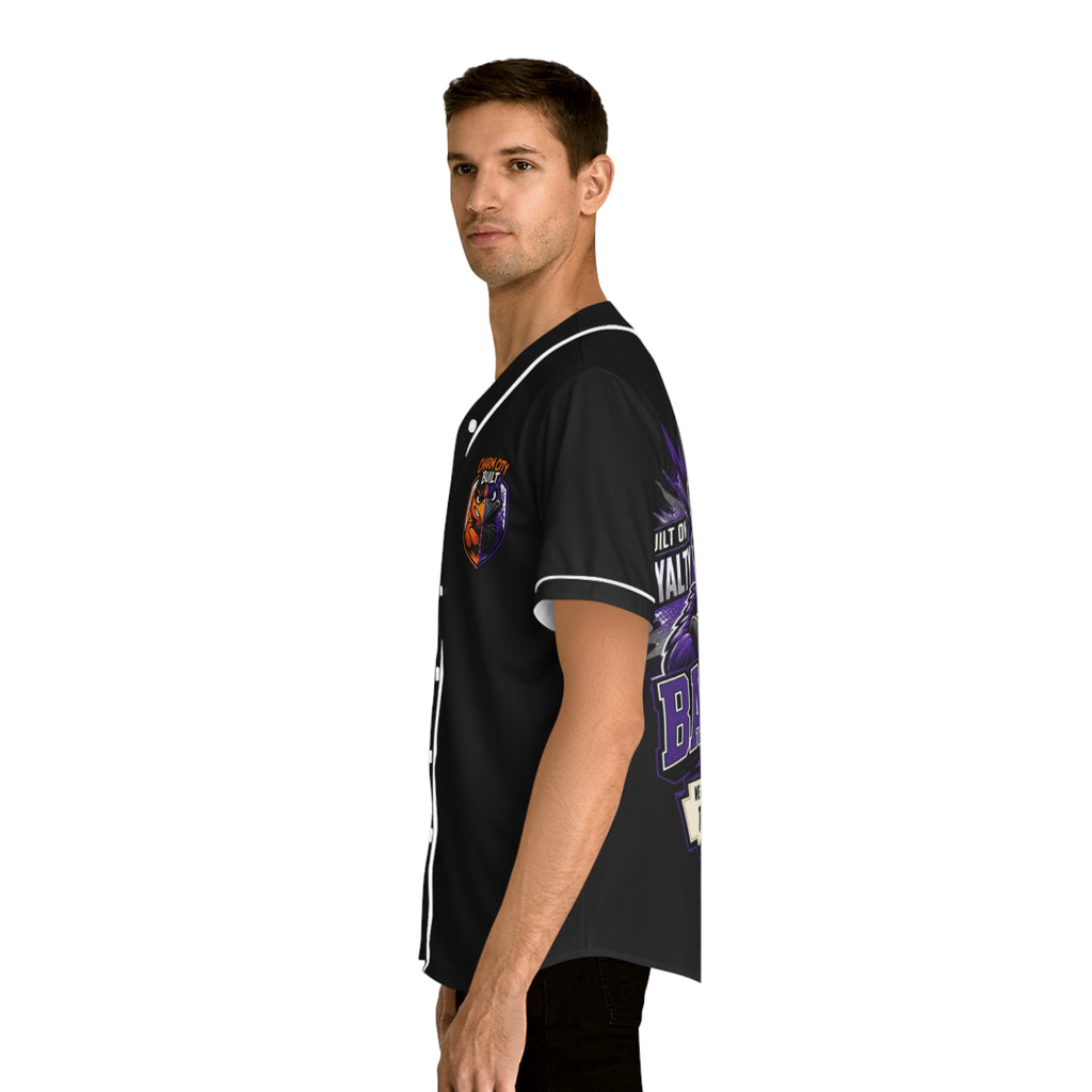 TimeWarp Drip – Black Baltimore Charm City Built baseball jersey, crisp white script, urban streetwear vibe, model posed in cool profile. | premium streetwear