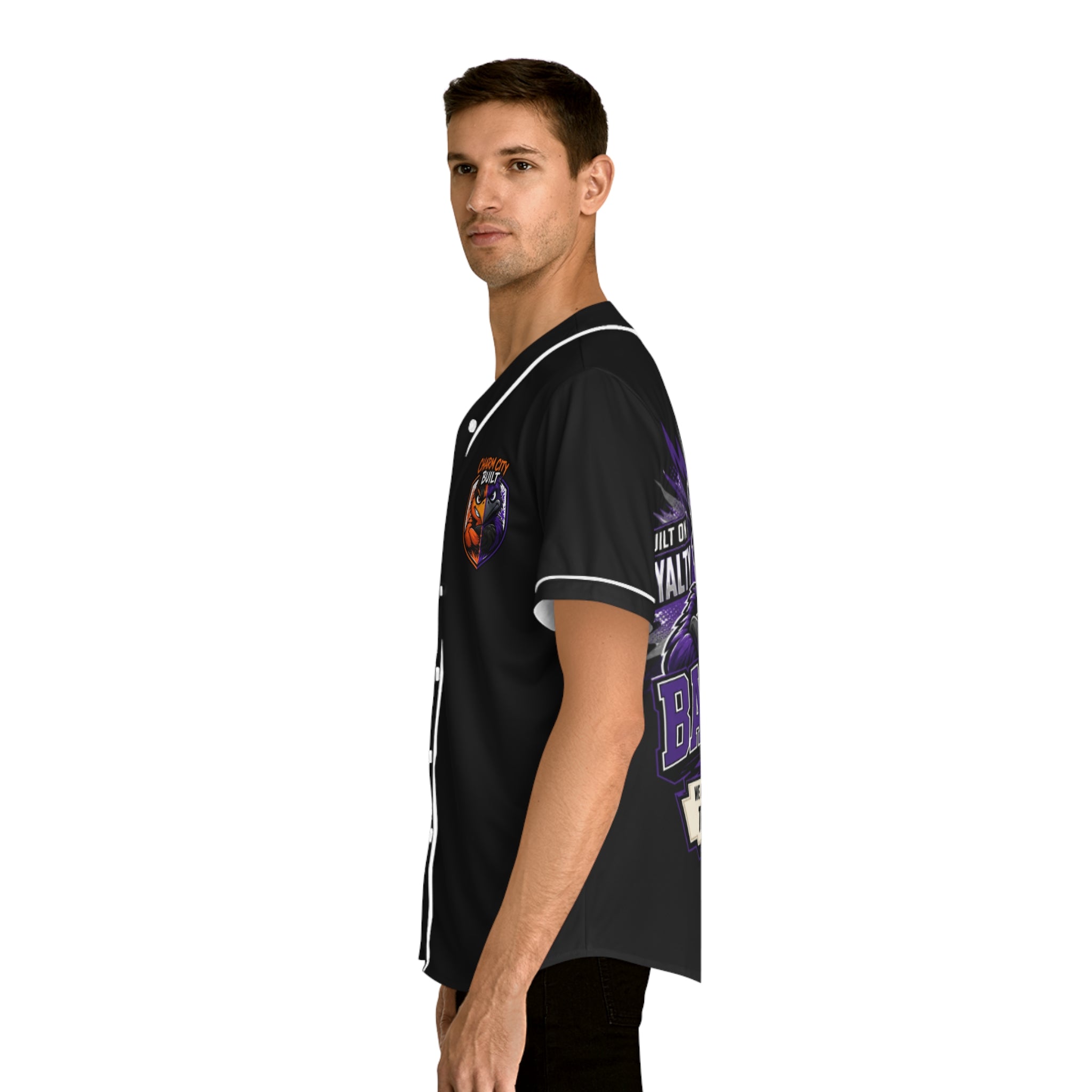 TimeWarp Drip – Black Baltimore Charm City Built baseball jersey, crisp white script, urban streetwear vibe, model posed in cool profile. | premium streetwear