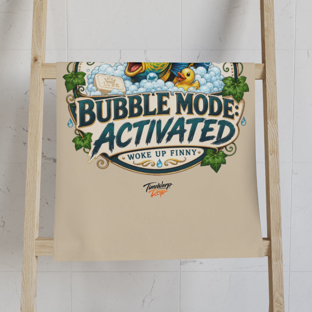 TimeWarp Drip Bubble Mode: "Woke Up Finny" hand towel, bold blue drip style, streetwear edge & bubble bath graphic for statement bathroom decor.
