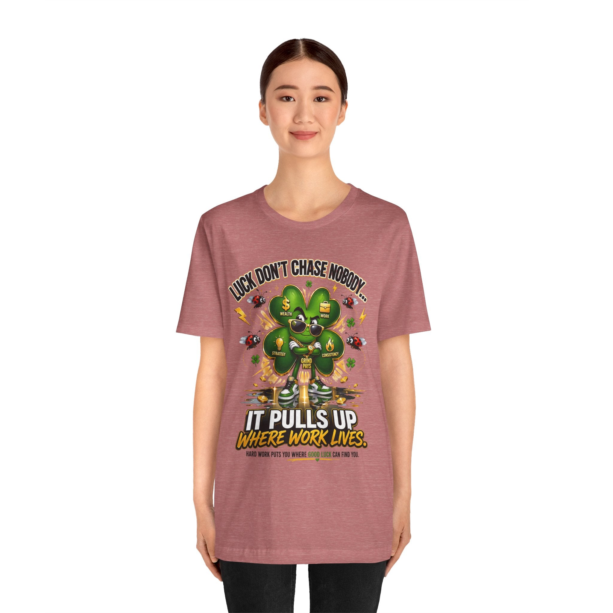 TimeWarp Drip Confident woman rocks a black Printify streetwear tee, neon clover graphic and bold quote: Luck pulls up where work lives. streetwear apparel