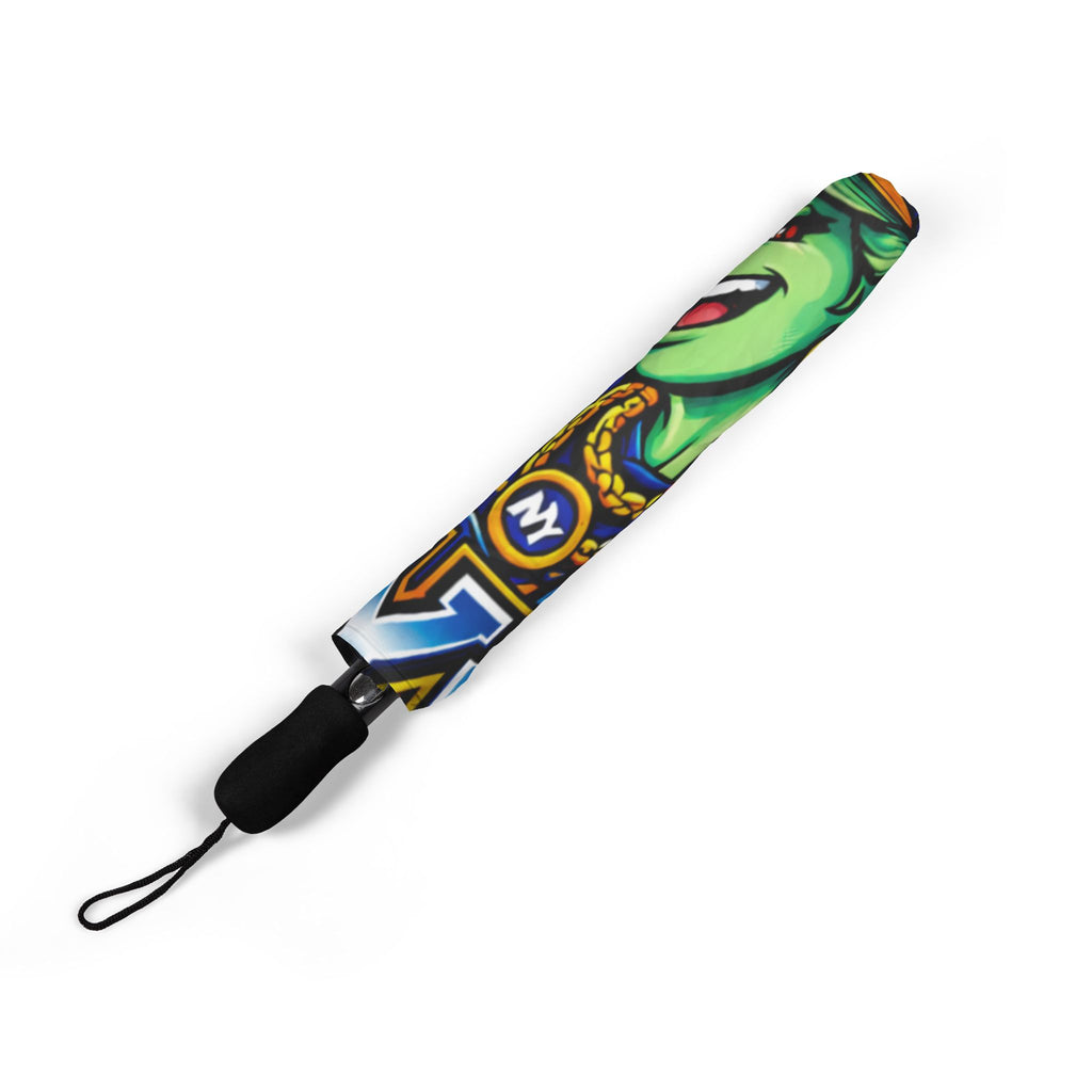 Black NYC Night Out foldable umbrella with colorful design, semi-automatic rain umbrella by TimeWarp Drip, compact accessories for rainy days.