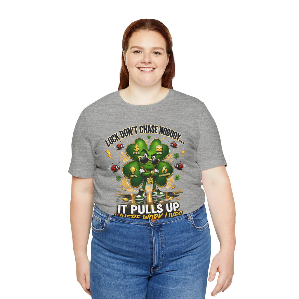 TimeWarp Drip Bold woman rocking a black "Luck Don't Chase Nobody" streetwear tee—Airlume cotton, 4-leaf clover drip from Printify. streetwear apparel
