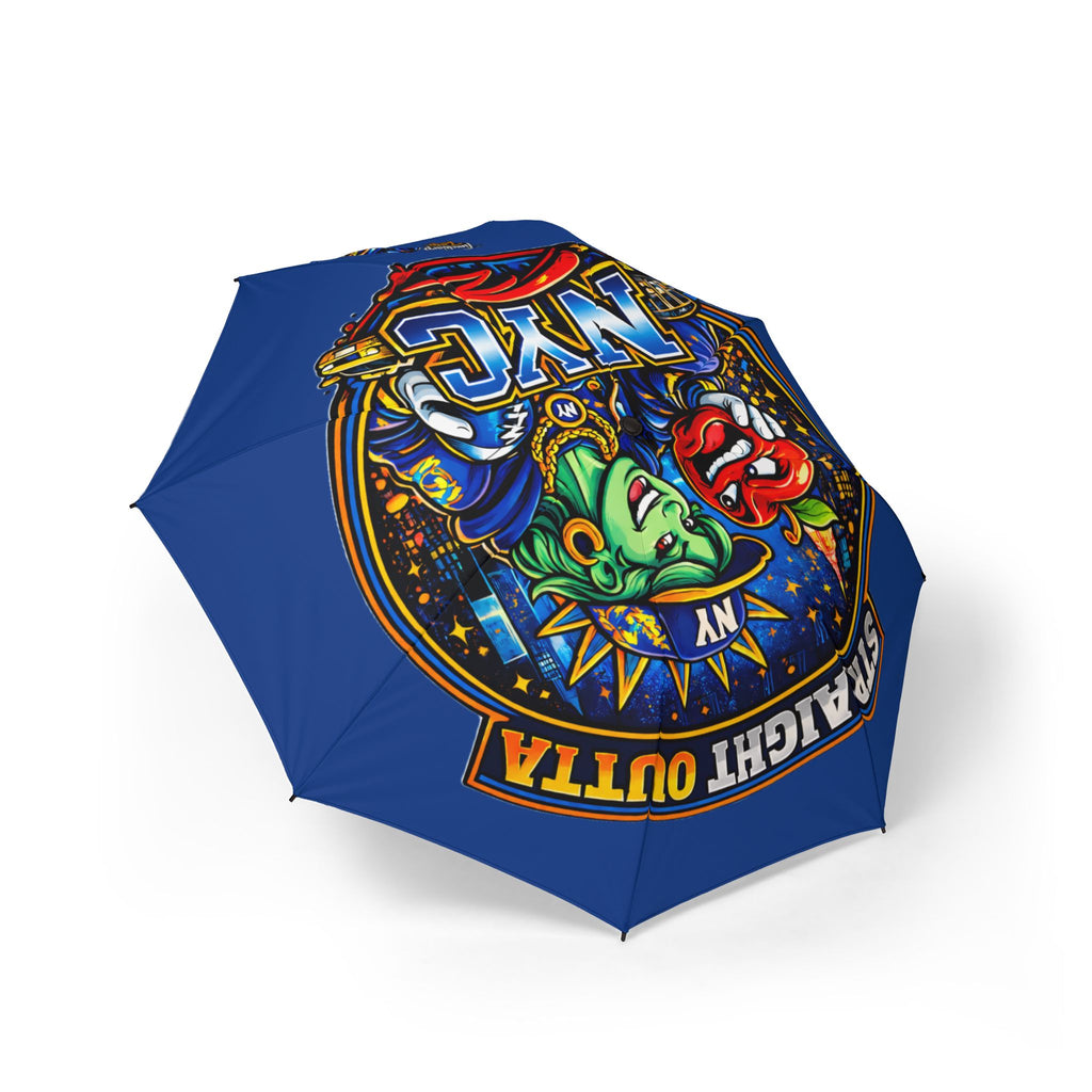 Blue NYC Night Out foldable umbrella by TimeWarp Drip, semi-automatic rain umbrella with colorful cityscape design, compact and stylish.