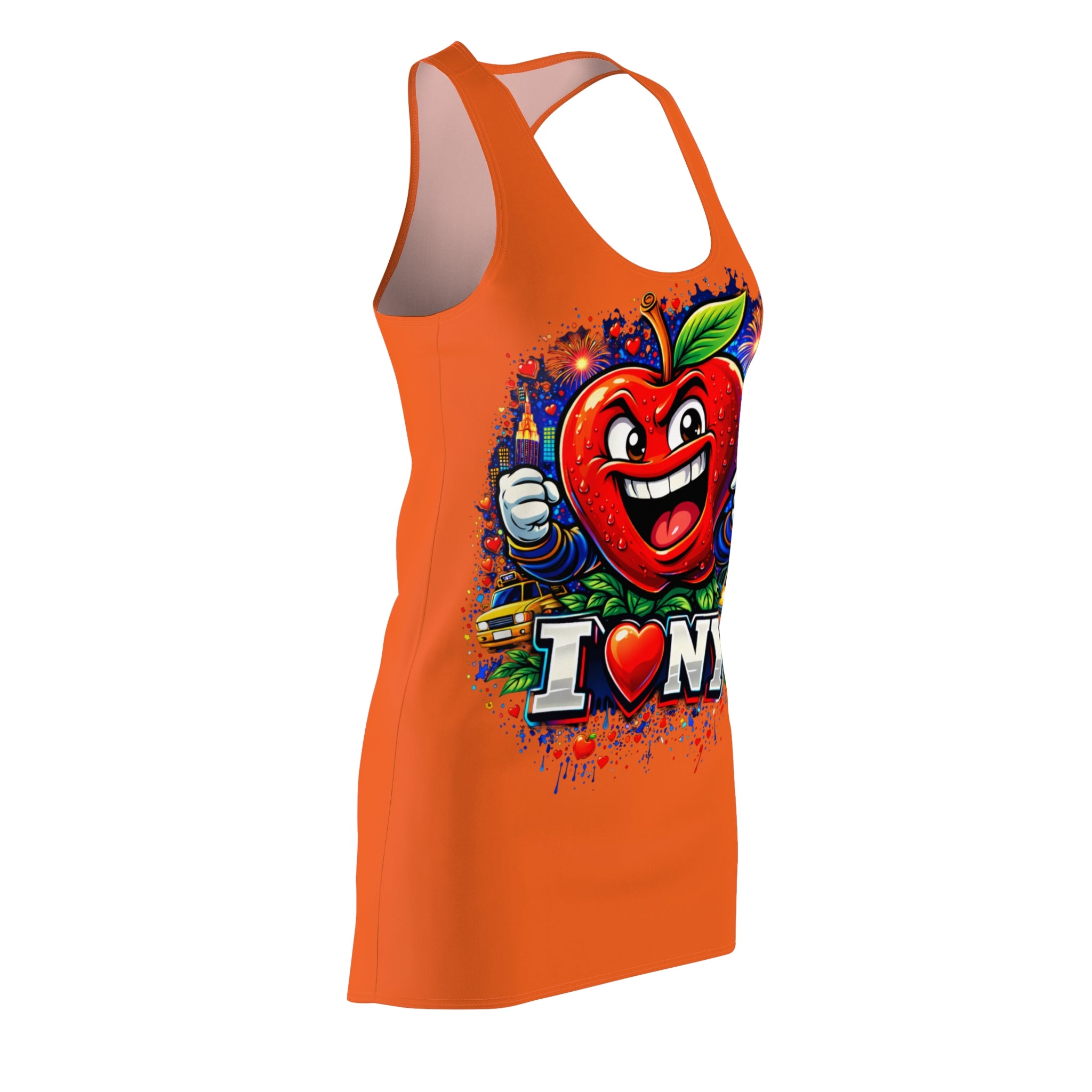 Orange racerback dress with "Big Apple Attitude" all-over print by I LOVE NY, featuring vibrant urban-inspired design.