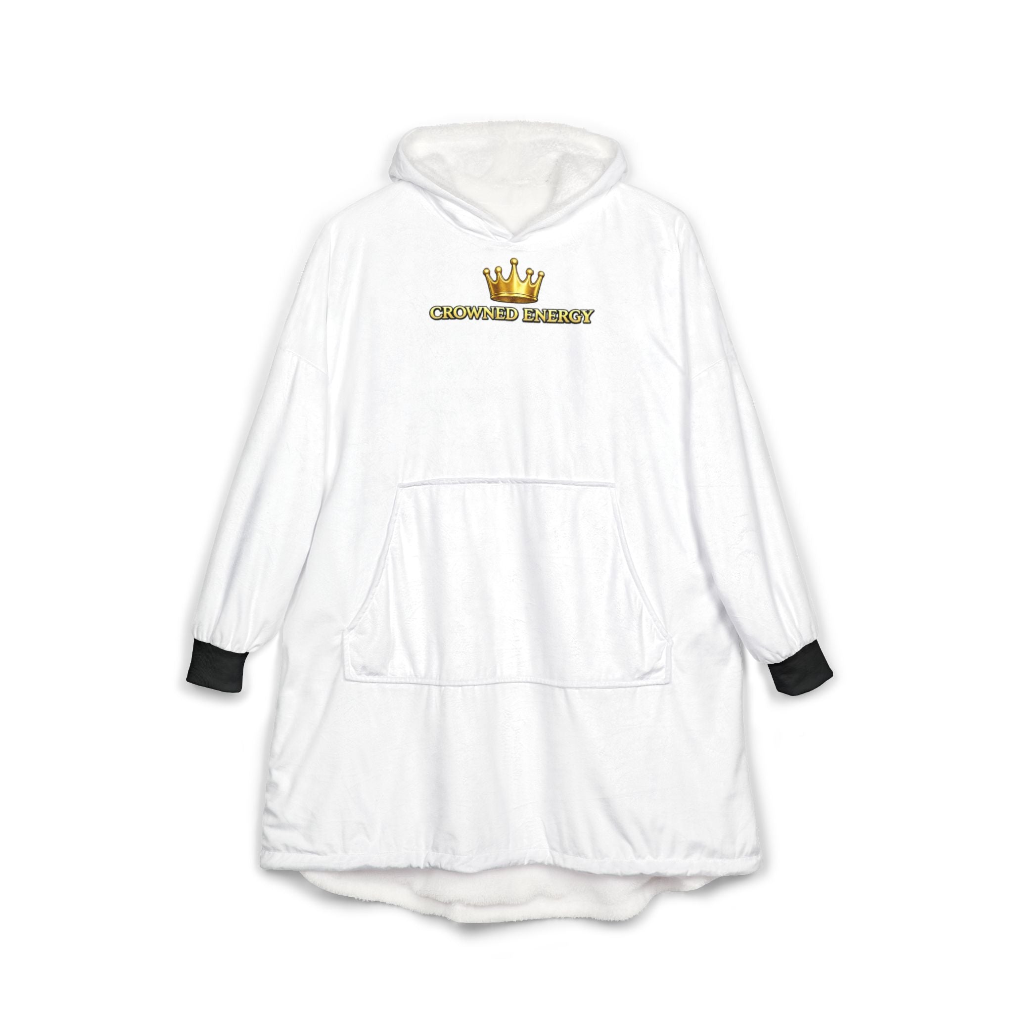 Stay cozy in the "Crowned in Every Era" Royal Chess Graphic (White) Hooded Blanket, featuring a gold crown graphic with “CROWNED ENERGY,” black cuffs, a roomy pocket, and generous sleeves. One size fits all for ultimate comfort.