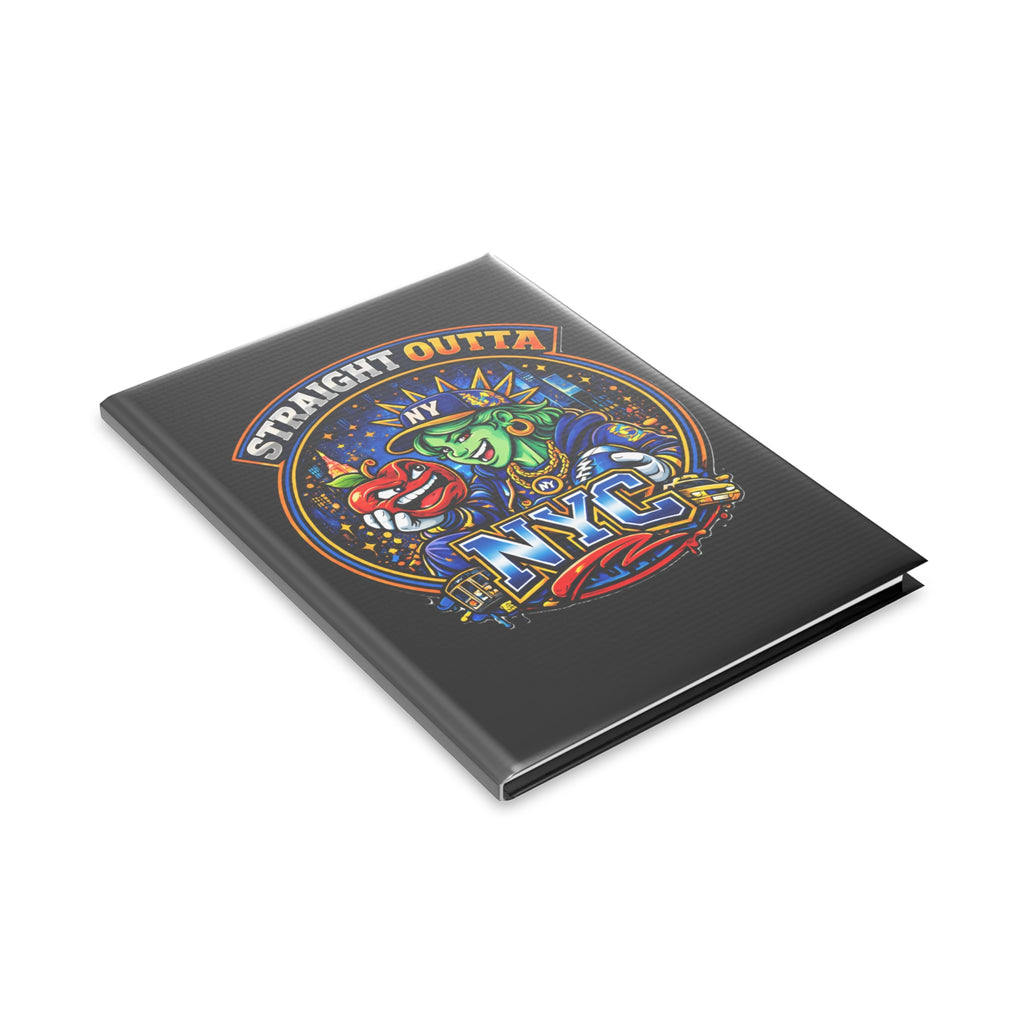 Black hardcover notebook featuring a New York City Statue of Liberty graphic, ideal for journaling and note-taking.