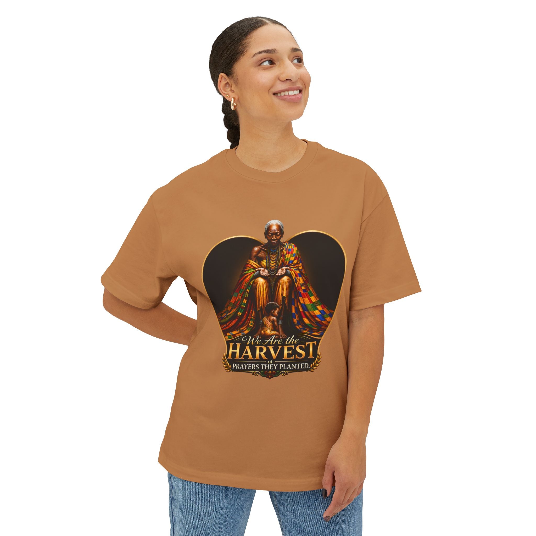 TimeWarp Drip – Oversized black boxy tee with "We Are the Harvest" graphic; bold city street style, generational roots energy. | premium streetwear