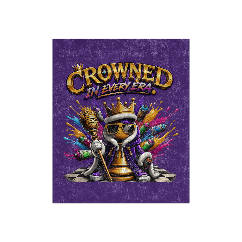 TimeWarp Drip "Crowned in Every Era" blanket—purple velvet, dripping with chess drip: shades, scepter, spray-paint swagger. 