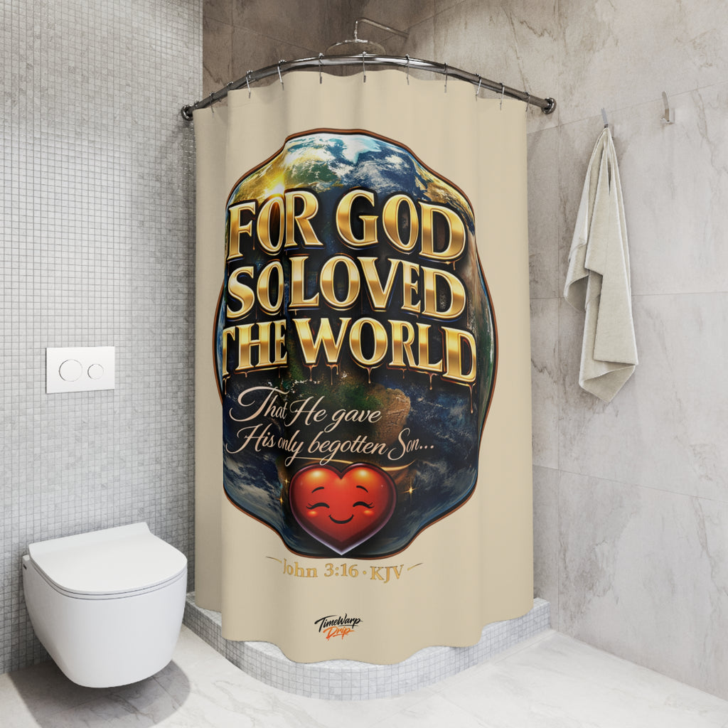 TimeWarp Drip Cream John 3:16 Shower Curtain—iconic Christian street drip, bold “For God So Loved The World” vibe for your bathroom. streetwear apparel