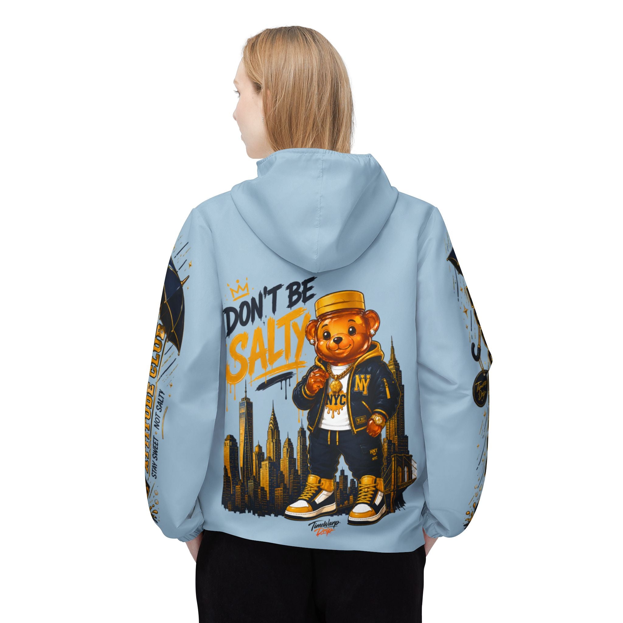 TimeWarp Drip Don't Be Salty Honey Bear Windbreaker – Retro Blue Drip – Don't Be Salty Streetwear | TimeWarp Drip