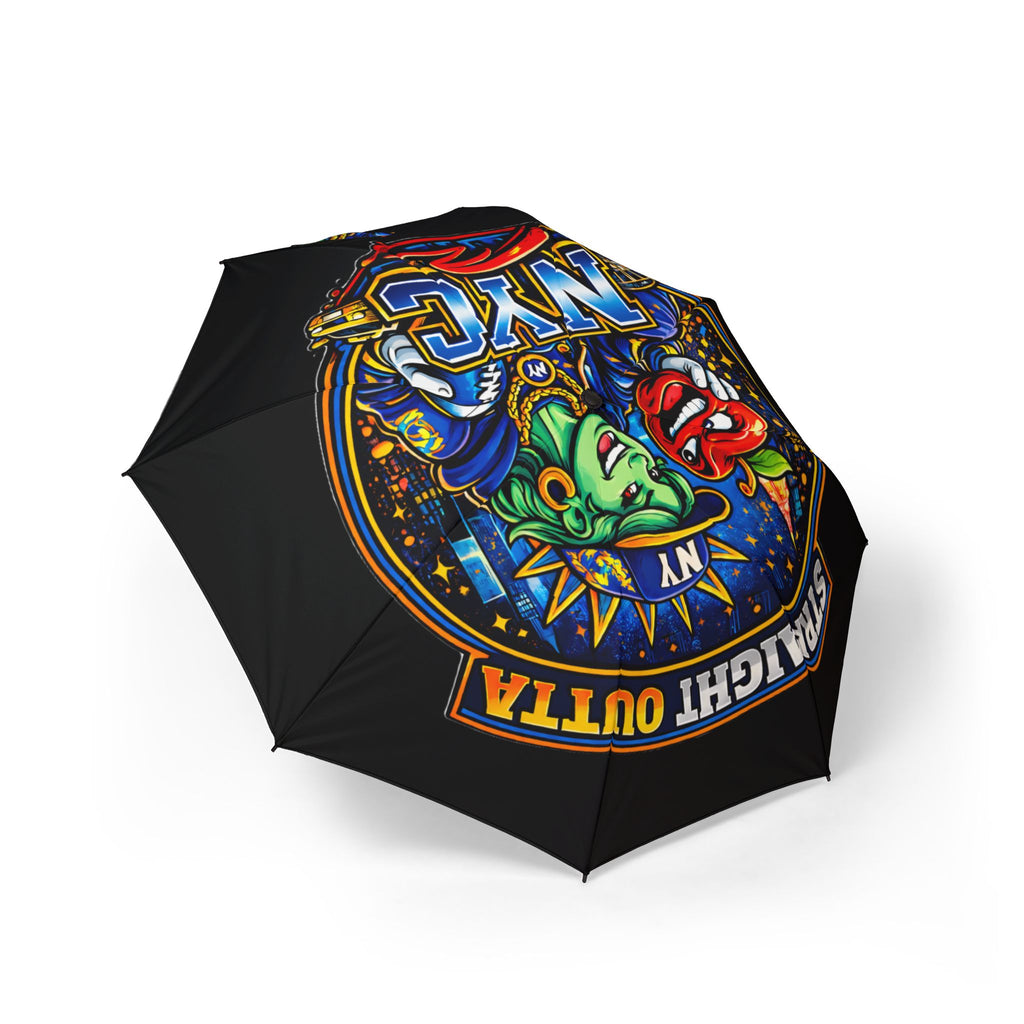 Black NYC Night Out foldable umbrella with colorful design, semi-automatic rain umbrella by TimeWarp Drip, accessory for rainy days.
