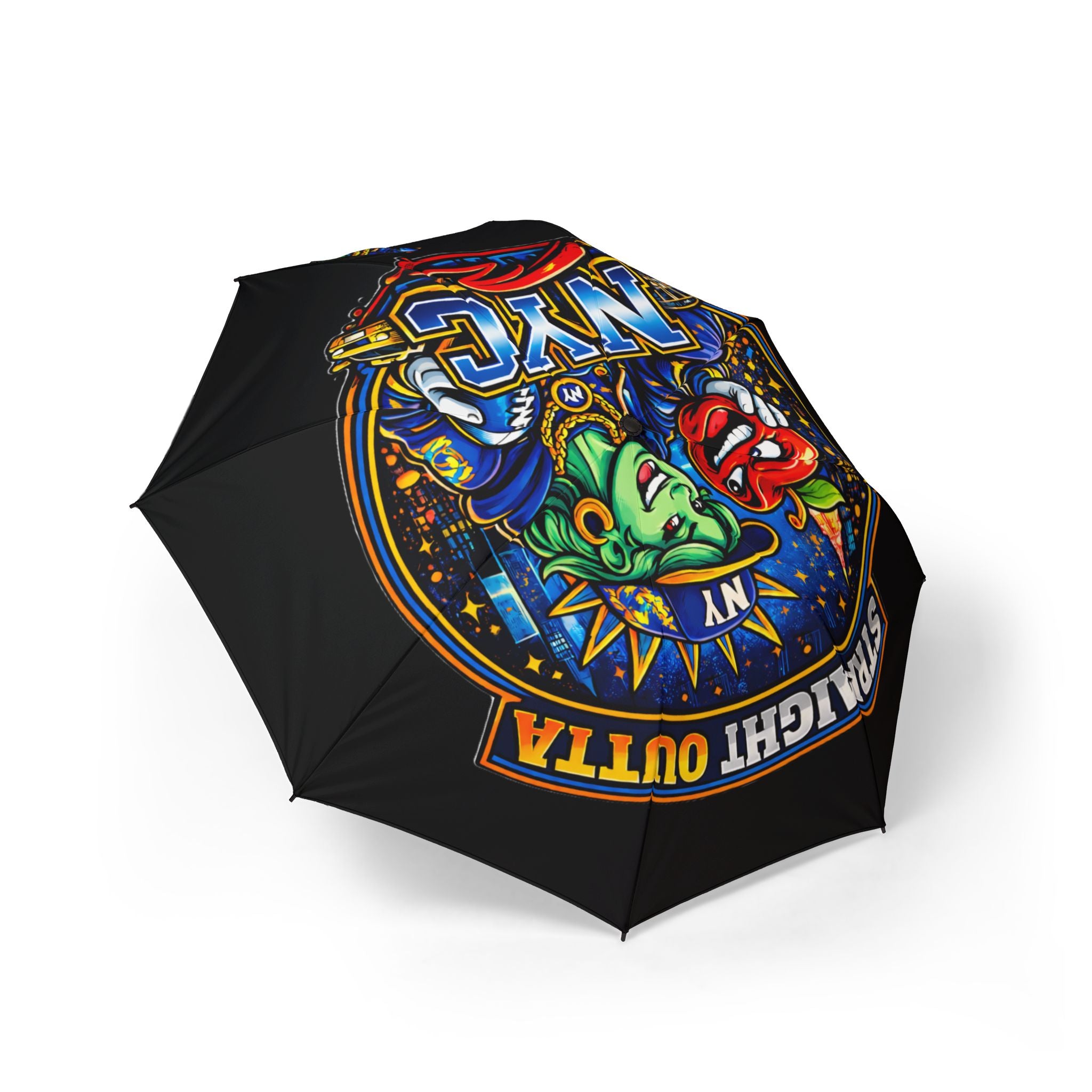 Black NYC Night Out foldable umbrella with colorful design, semi-automatic rain umbrella by TimeWarp Drip, accessory for rainy days.