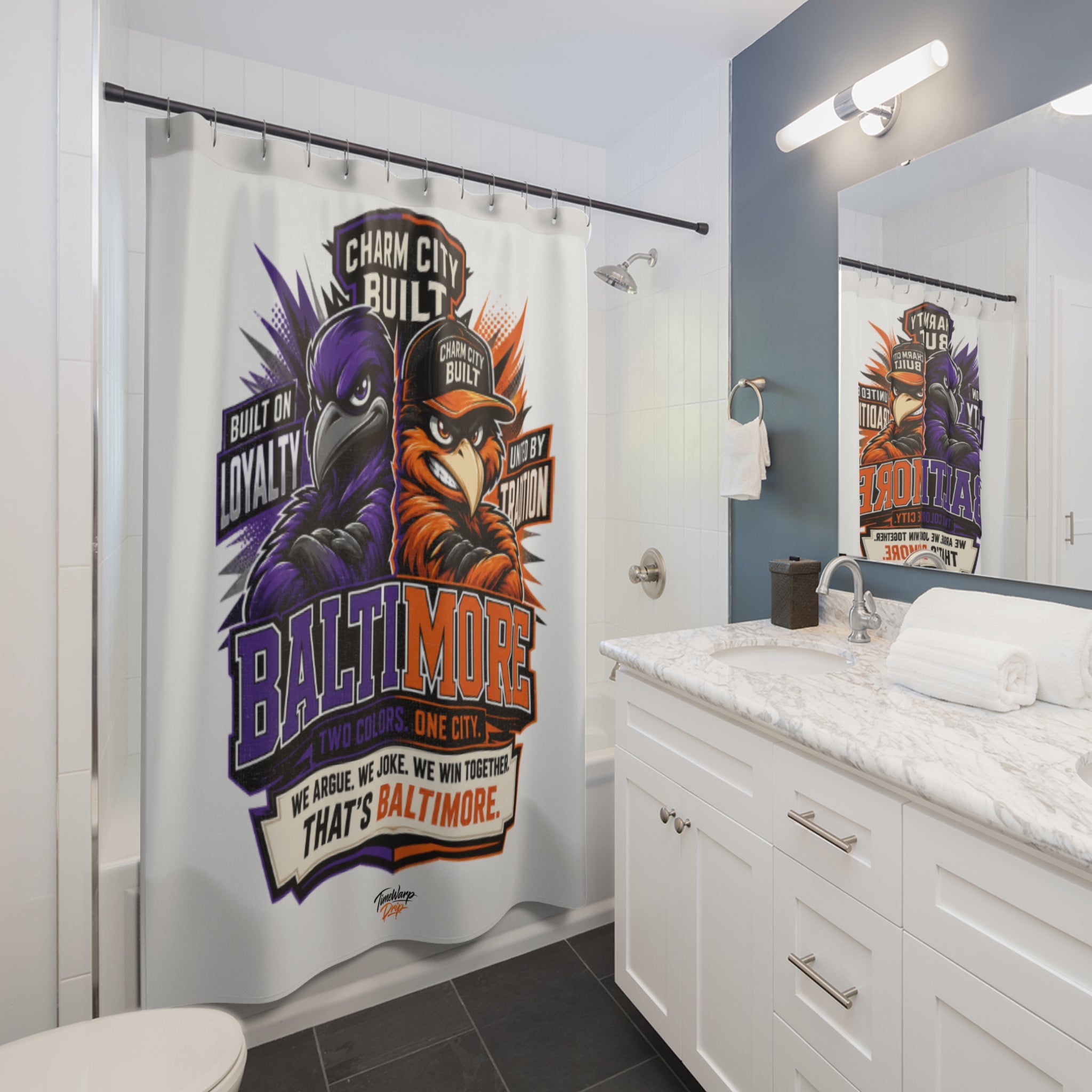 TimeWarp Drip Baltimore “Charm City Built” black shower curtain flaunts bold city text, Ravens & Orioles mascots in streetwear swagger