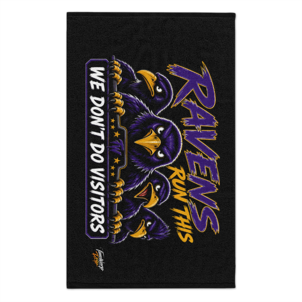 TimeWarp Drip Black “Home Flock Advantage” Rally Towel, 11x18—cartoon ravens pop with bold, streetwise style. Game day flex, Printify drip. streetwear apparel