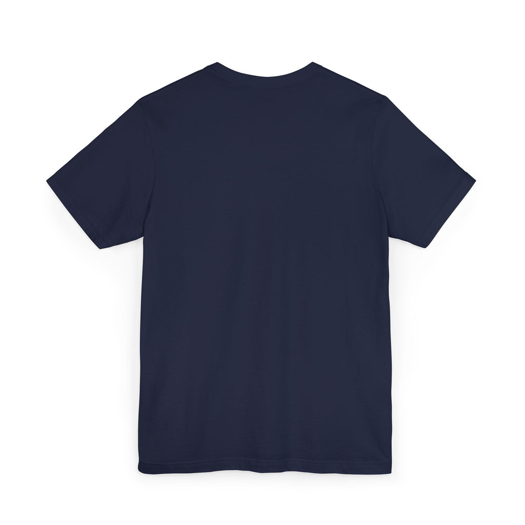 The Anti Social Shark T-Shirt — a unisex, navy blue cotton tee with short sleeves — is shown laid flat, back facing up, against a white background.