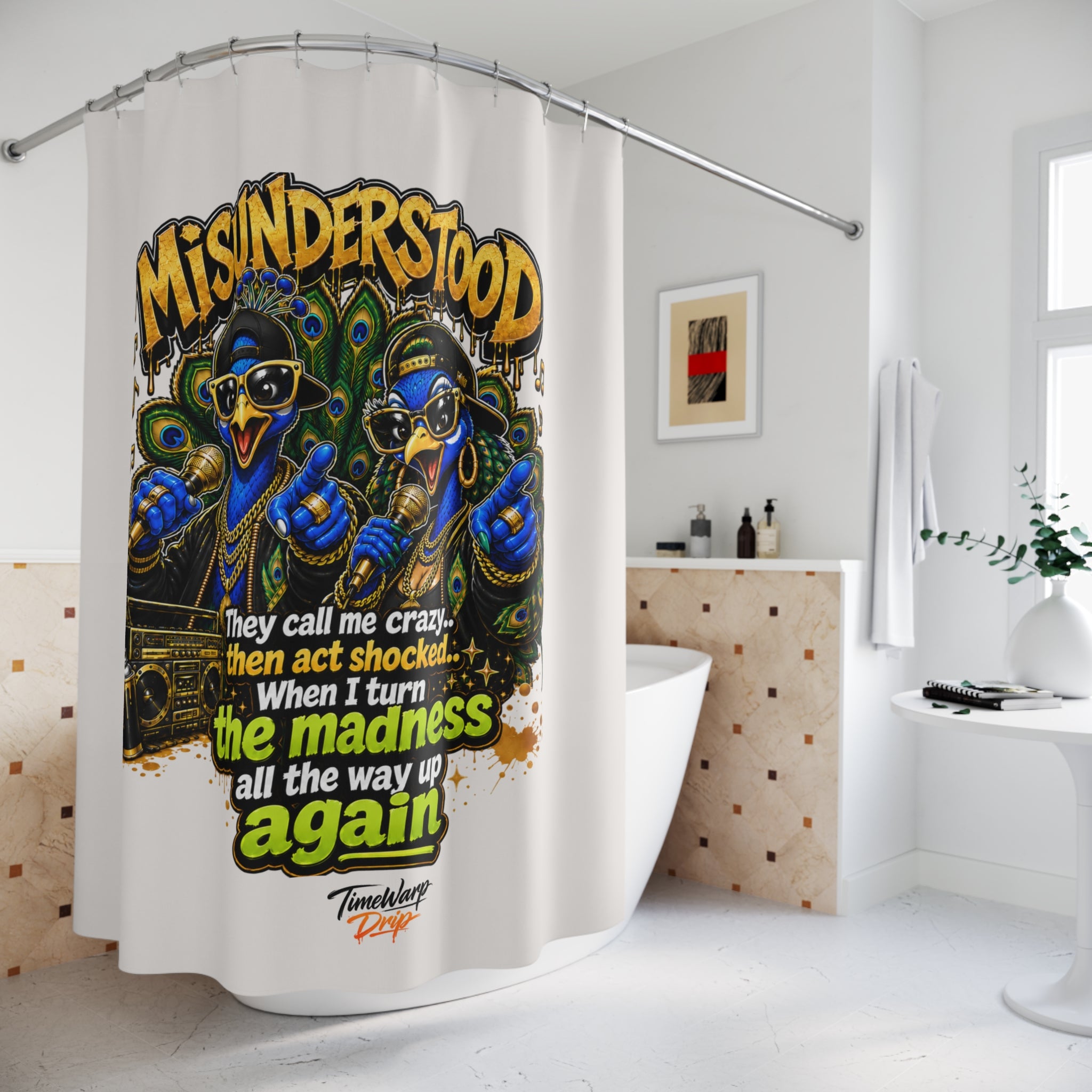 TimeWarp Drip – Shower curtain in vibrant colors with hip-hop peacock rap duo, bold street art graphics, and striking block lettering. | premium streetwear