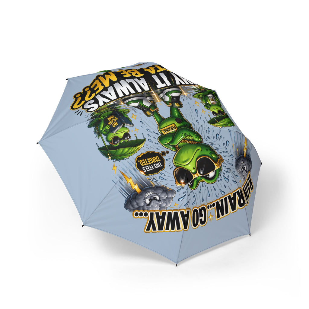 TimeWarp Drip  foldable umbrella, icy blue drip—waterproof, streetwise, with bold 'Rain? Go Away' frog cartoon style. 