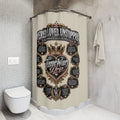 TimeWarp Drip Printify shower curtain in crisp white street style, bold “Covered. Loved. Unstoppable.” drip and a poppin’ heart motif. streetwear apparel