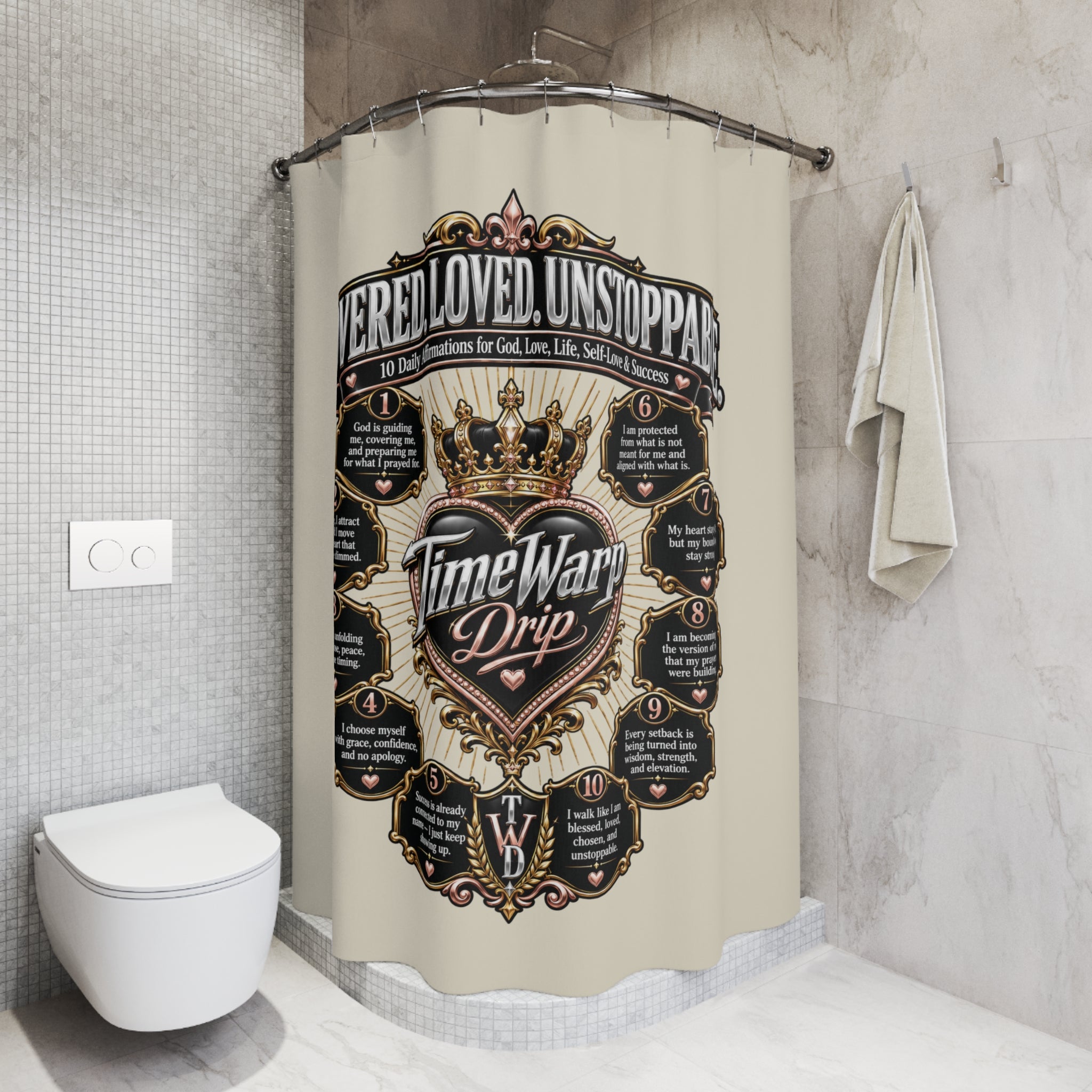 TimeWarp Drip Printify shower curtain in crisp white street style, bold “Covered. Loved. Unstoppable.” drip and a poppin’ heart motif. streetwear apparel