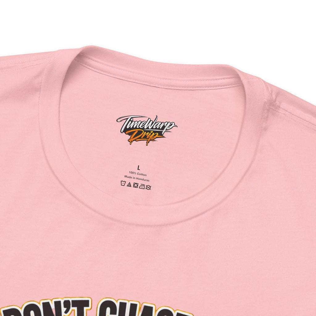 TimeWarp Drip Luck Don’t Chase Nobody 4-Leaf Clover Tee in bold black—collar poppin’, care tags printed inside for fresh street style. streetwear apparel