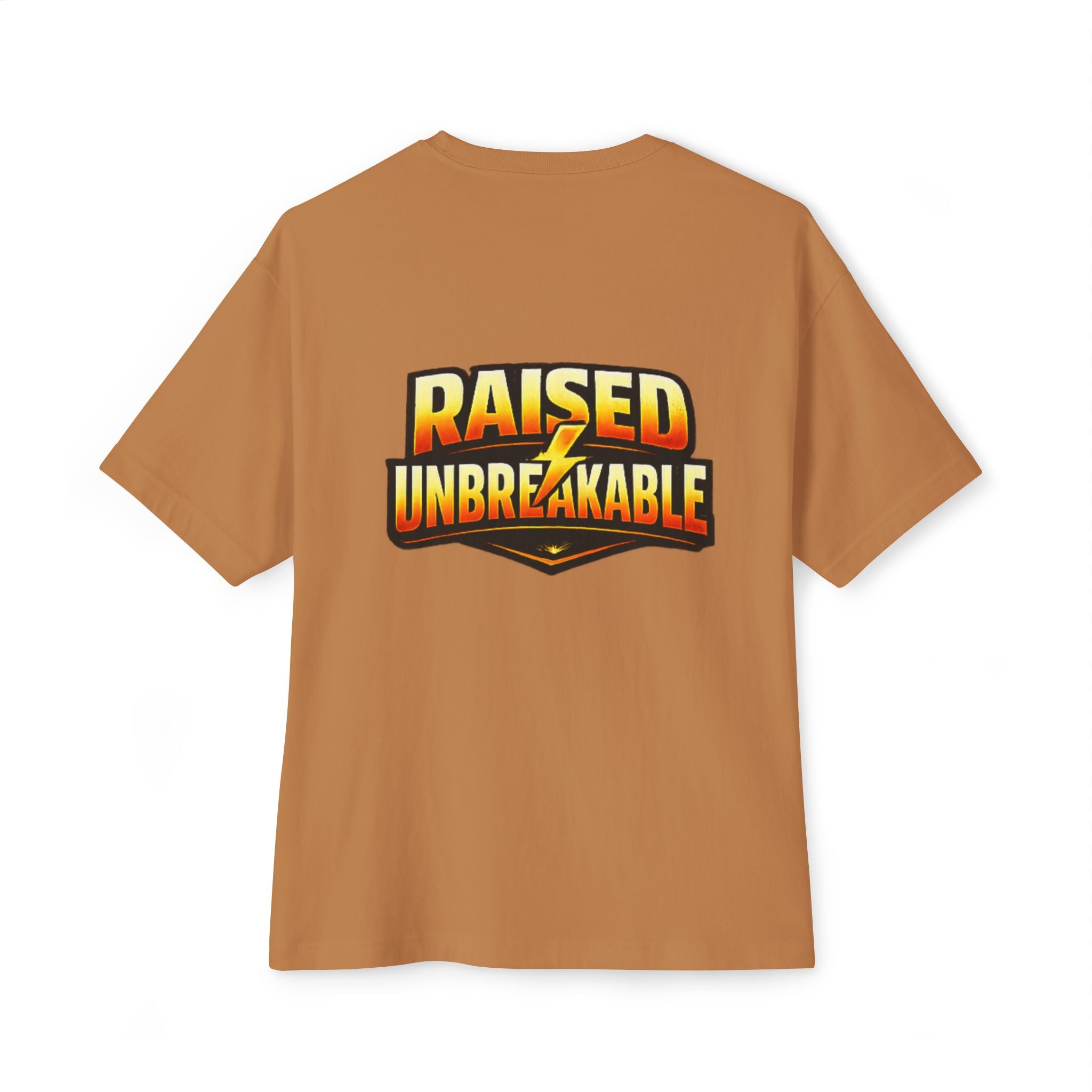 The Generation X Parenting "Come Get Em" Tee by TimeWarp Drip is a tan, oversized boxy cotton t-shirt with bold yellow, orange, and black "RAISED UNBREAKABLE" text and a lightning bolt through UNBREAKABLE on the back.