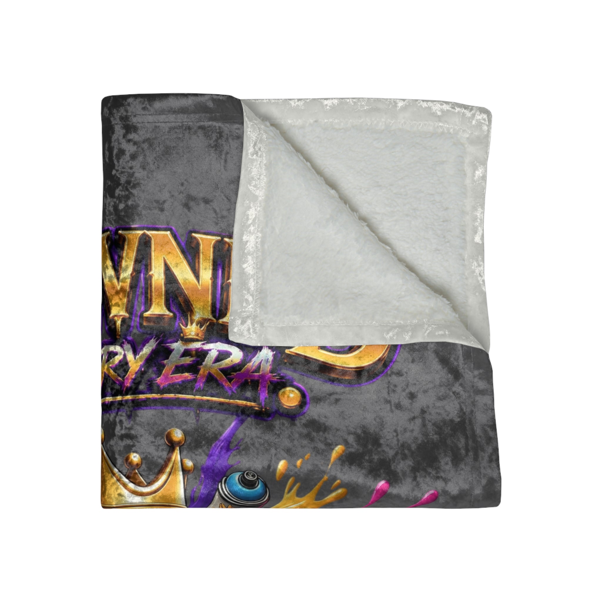 TimeWarp Drip crushed velvet blanket in sleek grey pops with a vibrant crown graphic—street-luxe style for kings and queens!. 