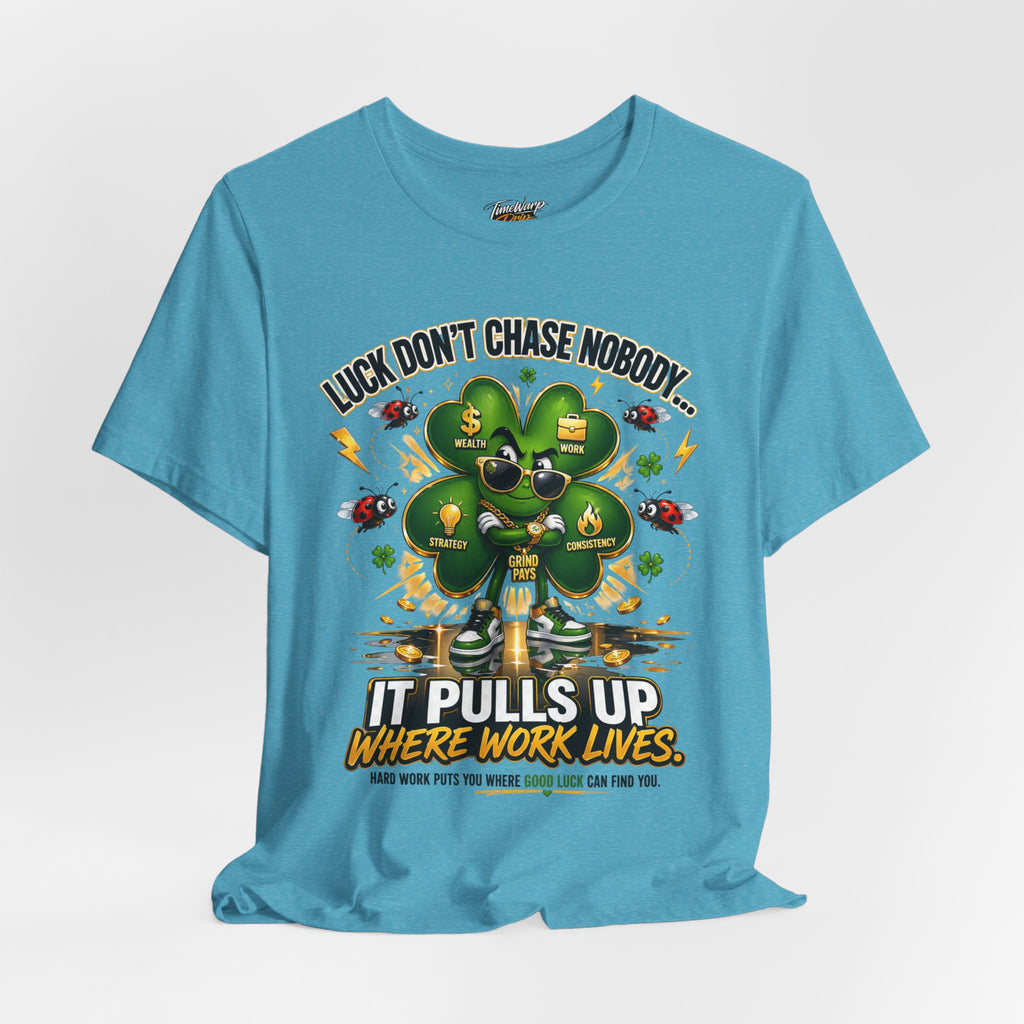 TimeWarp Drip Black Printify T-shirt, bold 4-leaf clover in shades, streetwise “Luck Don’t Chase Nobody” drip, stylish streetwear statement. streetwear apparel