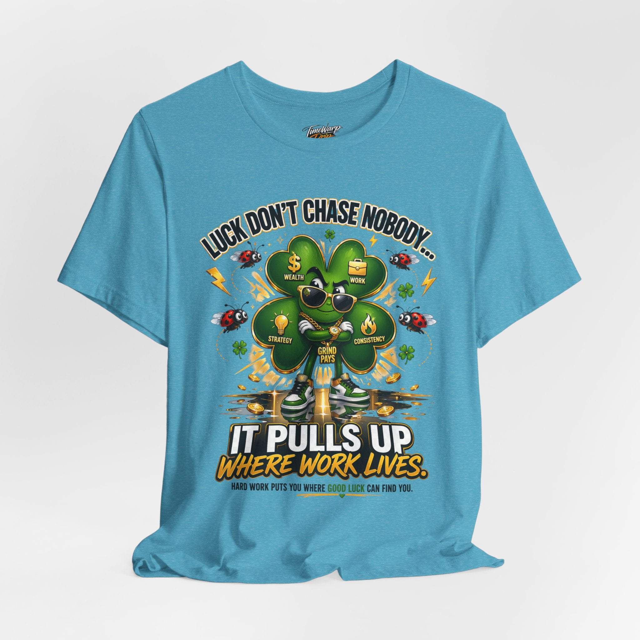 TimeWarp Drip Black Printify T-shirt, bold 4-leaf clover in shades, streetwise “Luck Don’t Chase Nobody” drip, stylish streetwear statement. streetwear apparel
