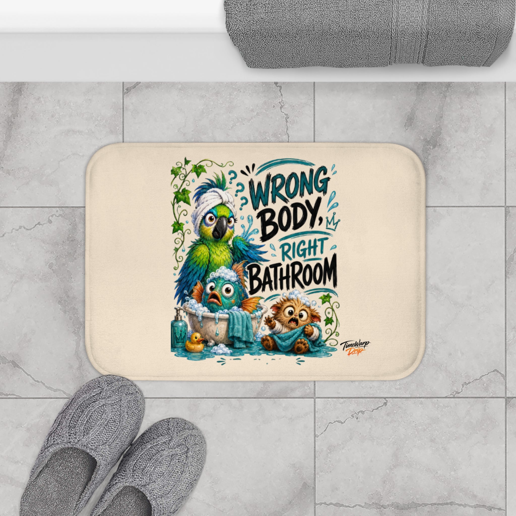TimeWarp Drip Wrong Body, Right Bathroom™ beige bath mat—wild cartoon creatures drip in streetwear style, paired with slippers, towels. streetwear apparel