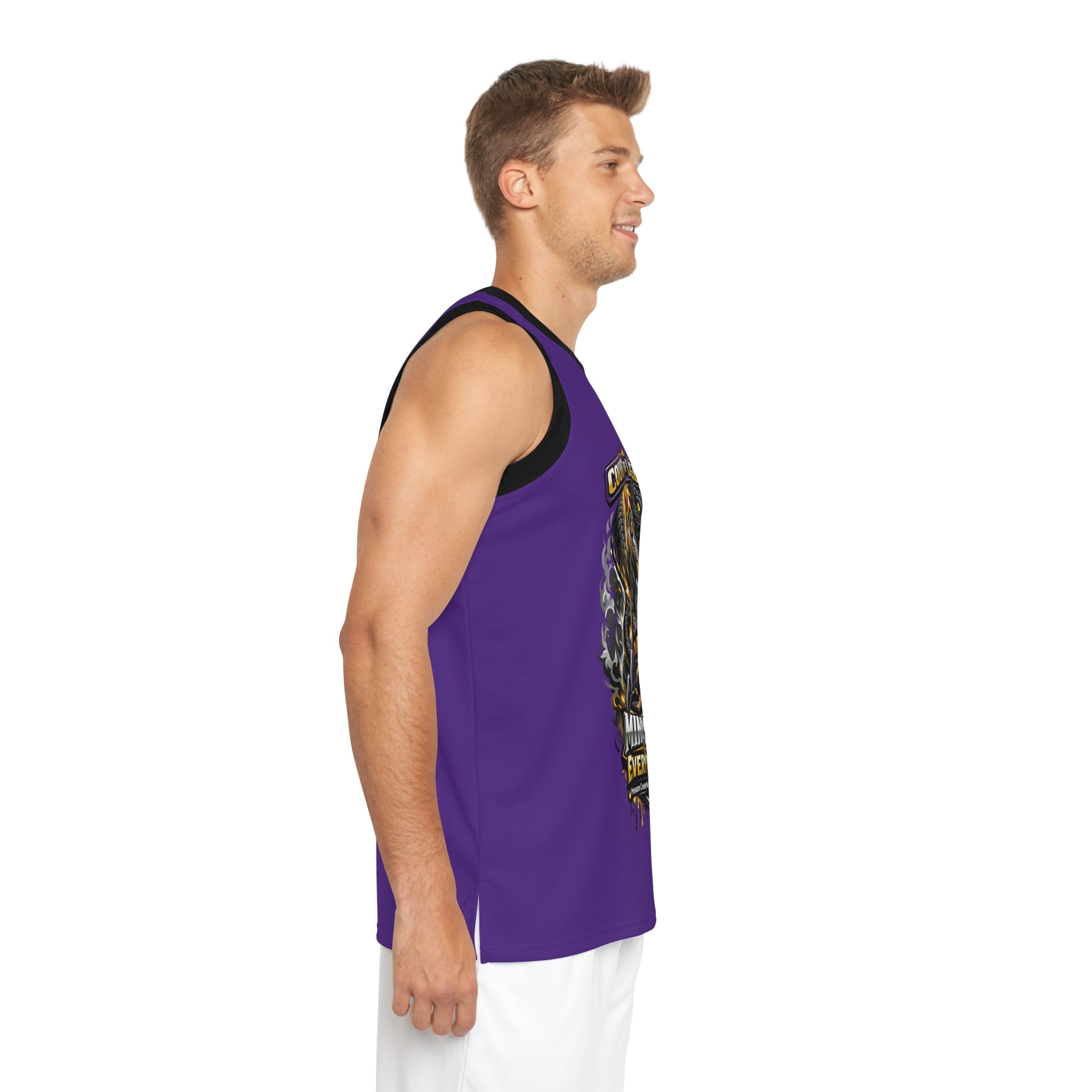 A man stands in profile wearing the Court of Legends (Purple) Basketball Jersey featuring a colorful front graphic, paired with white shorts against a plain white background.