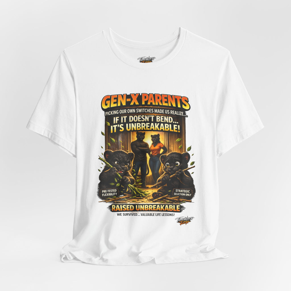 TimeWarp Drip Printify black Unbreakable T-Shirt—bold Gen X streetwear, “Picked Our Own Switches” graphic, retro-parent flex. streetwear apparel