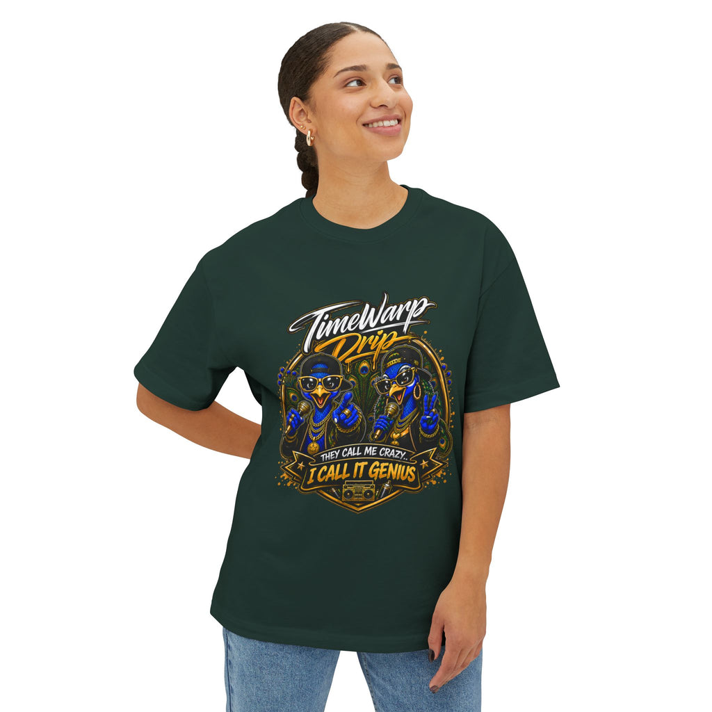 TimeWarp Drip – Oversized boxy dark green tee with dual peacock hip-hop street art, styled for bold premium urban Premium Urban Fashionenergy. | premium streetwear