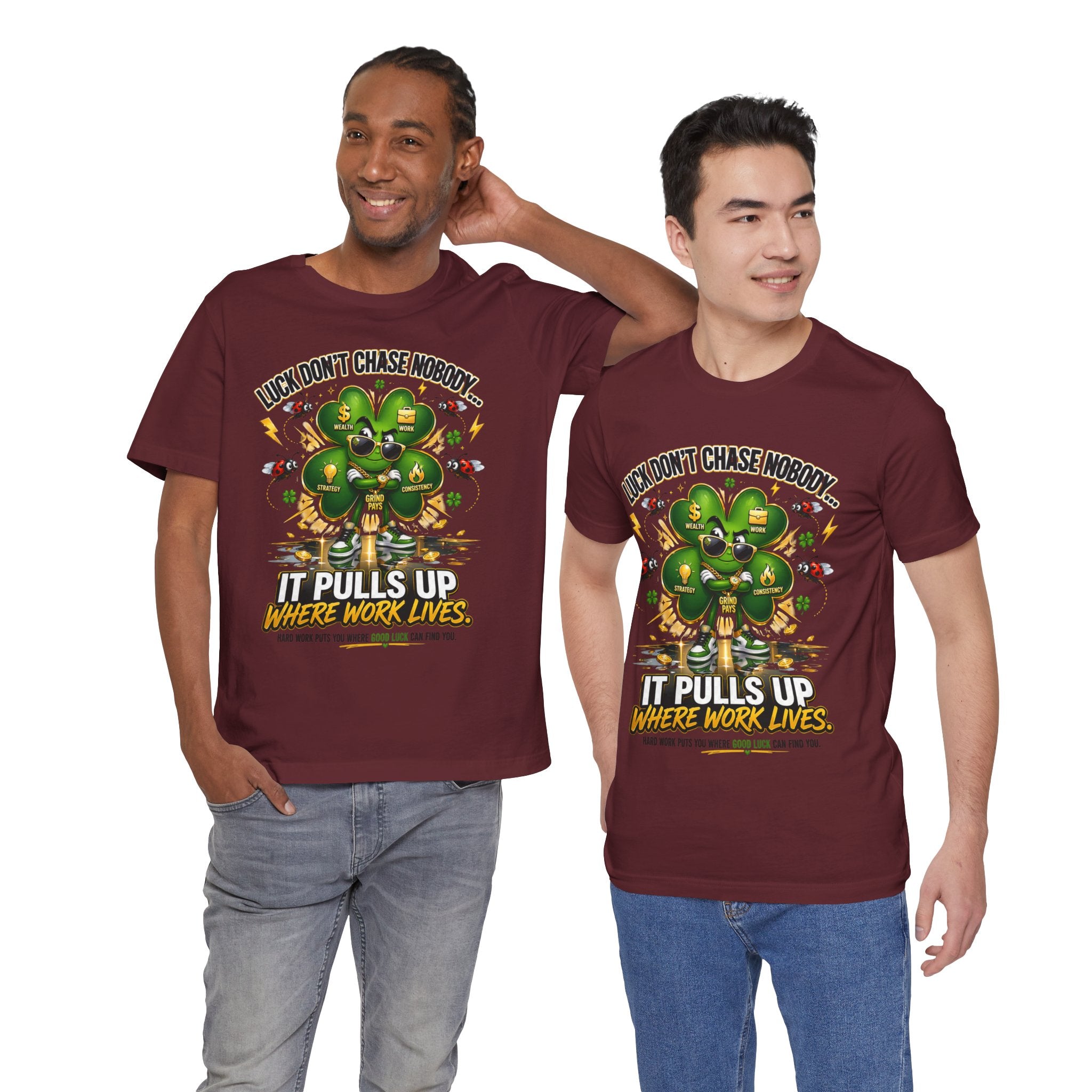 TimeWarp Drip Two men flex in bold black Printify streetwear tees—four-leaf clover drip, “Luck Don’t Chase Nobody” loud on the chest. streetwear apparel