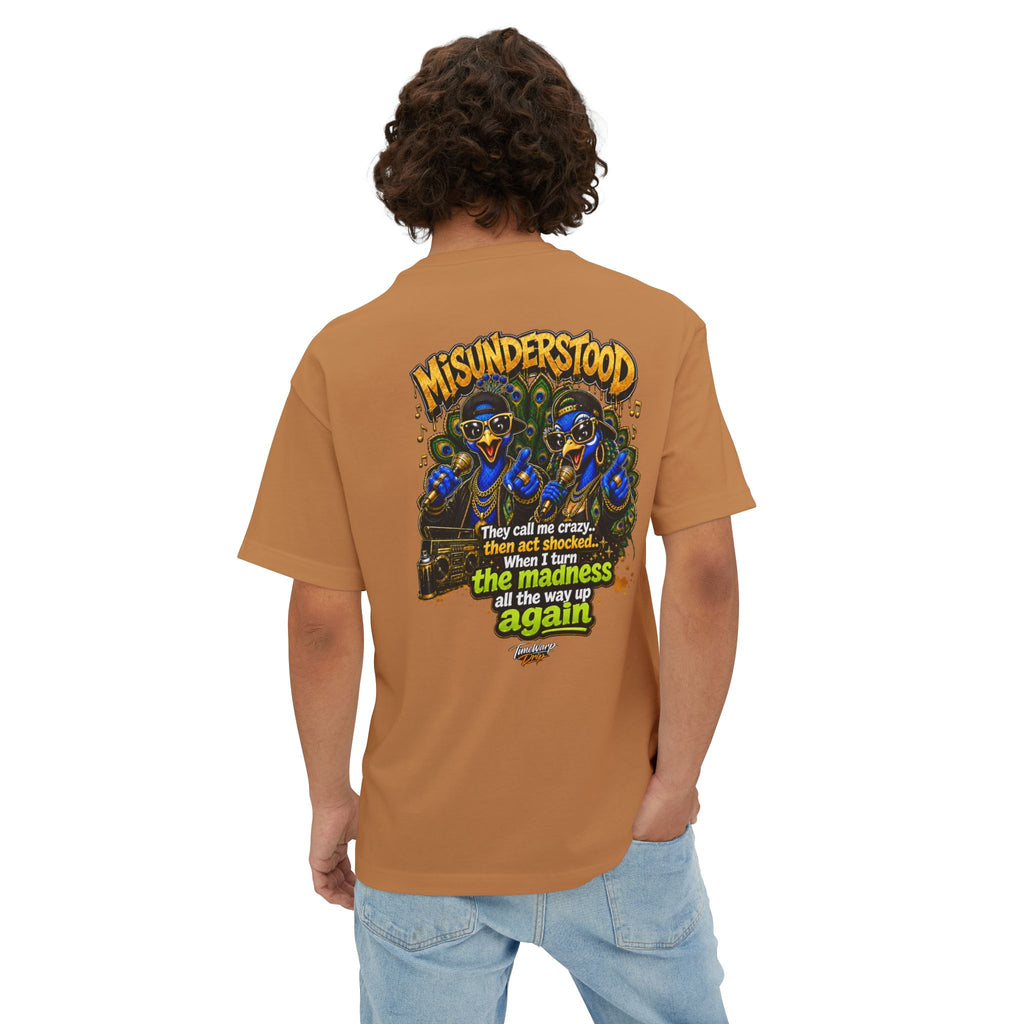 TimeWarp Drip – Oversized black boxy tee with bold "They Call Me Crazy I Call It Genius" graphic, curly-haired man, hand in pocket. | premium streetwear