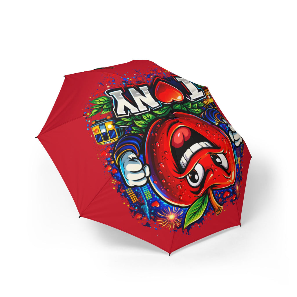 Red I Love NYC foldable umbrella by TimeWarp Drip, semi-automatic rain umbrella with colorful city skyline design.