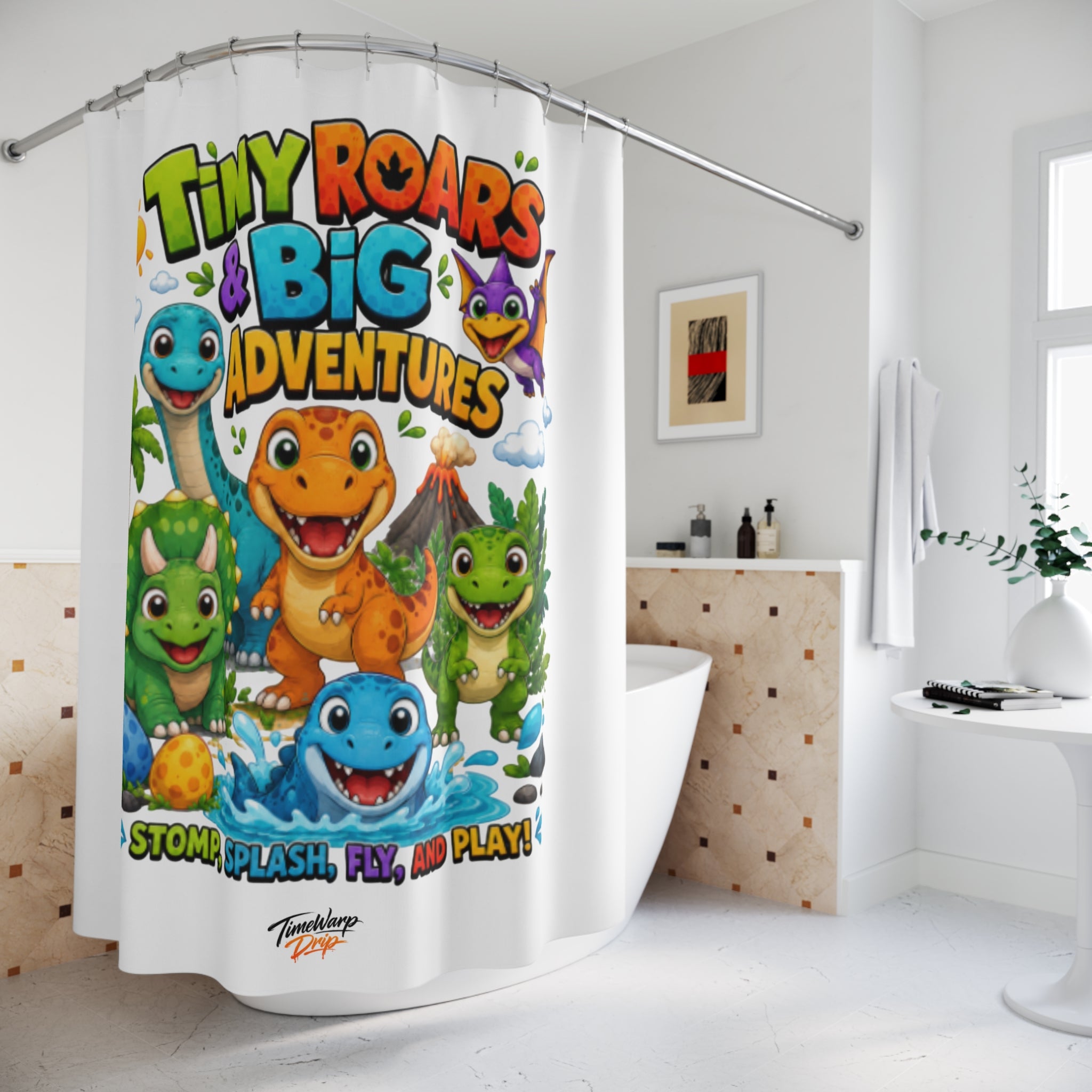 TimeWarp Drip Tiny Roars & Big Adventures Shower Curtain – Multi – Kids Bathroom Decor | TimeWarp Drip