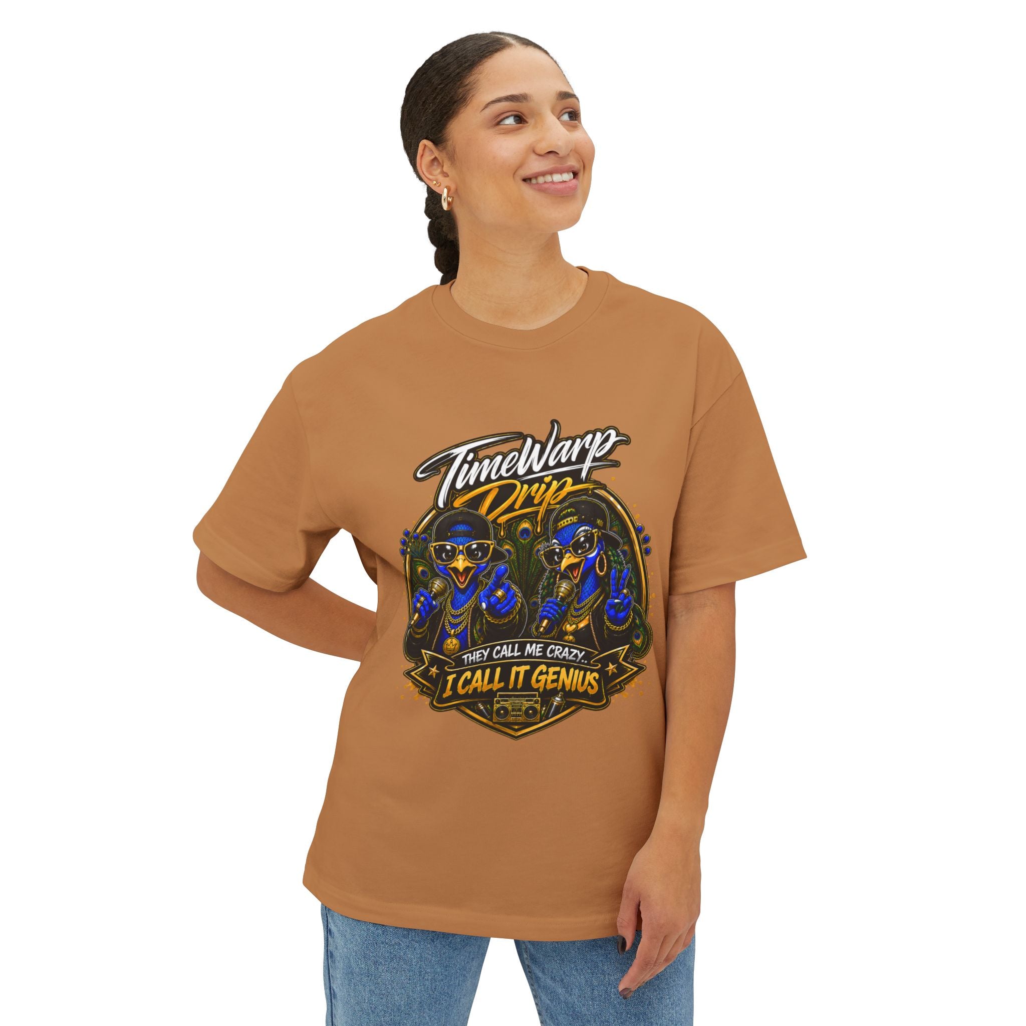 TimeWarp Drip – Oversized white boxy tee with "They Call Me Crazy I Call It Genius" and dual peacock street art graphic; urban edge. | premium streetwear