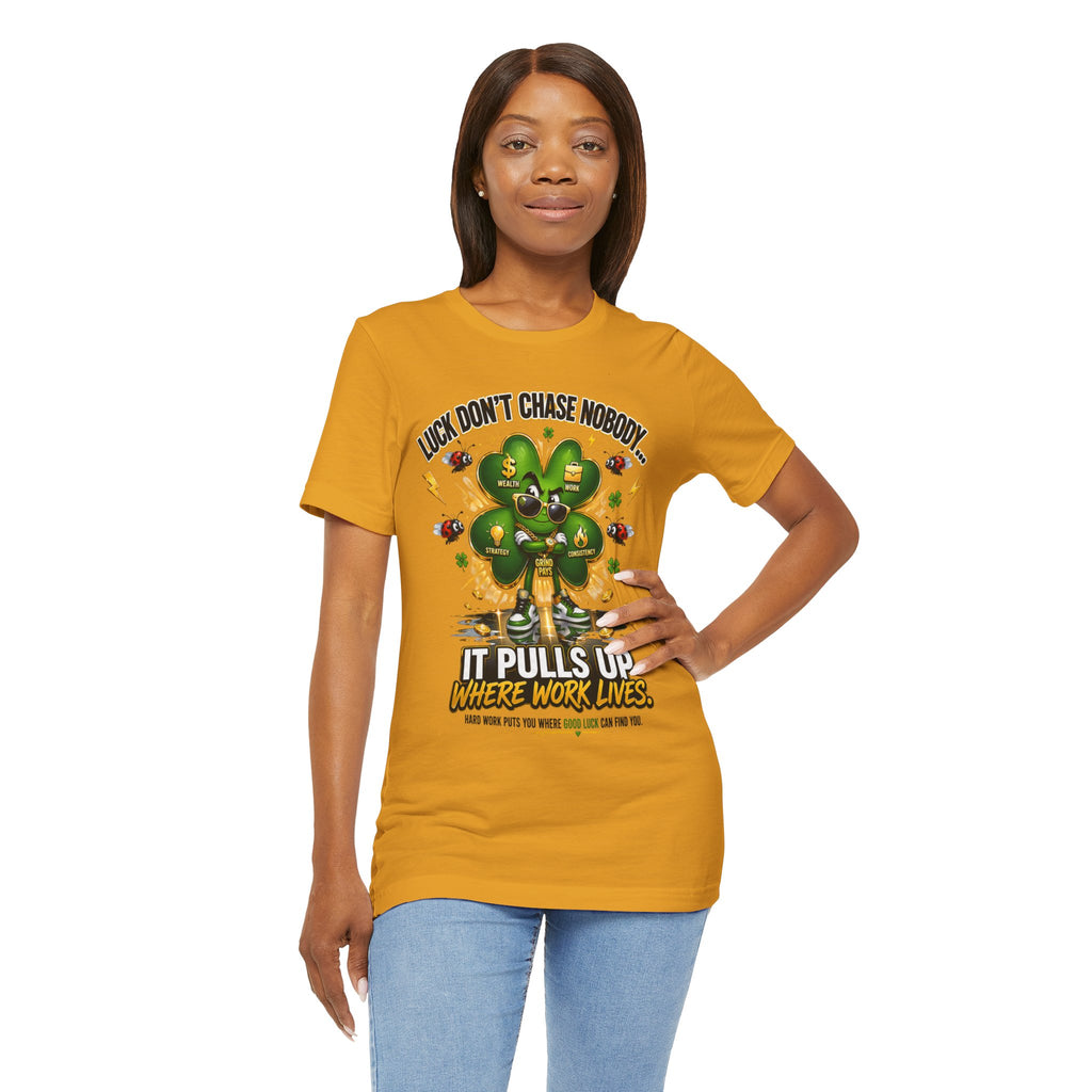TimeWarp Drip Lucky Clover "Pulls Up Lives" black women’s tee, street-smart style, bold graphic. S–XL—check size chart!. streetwear apparel
